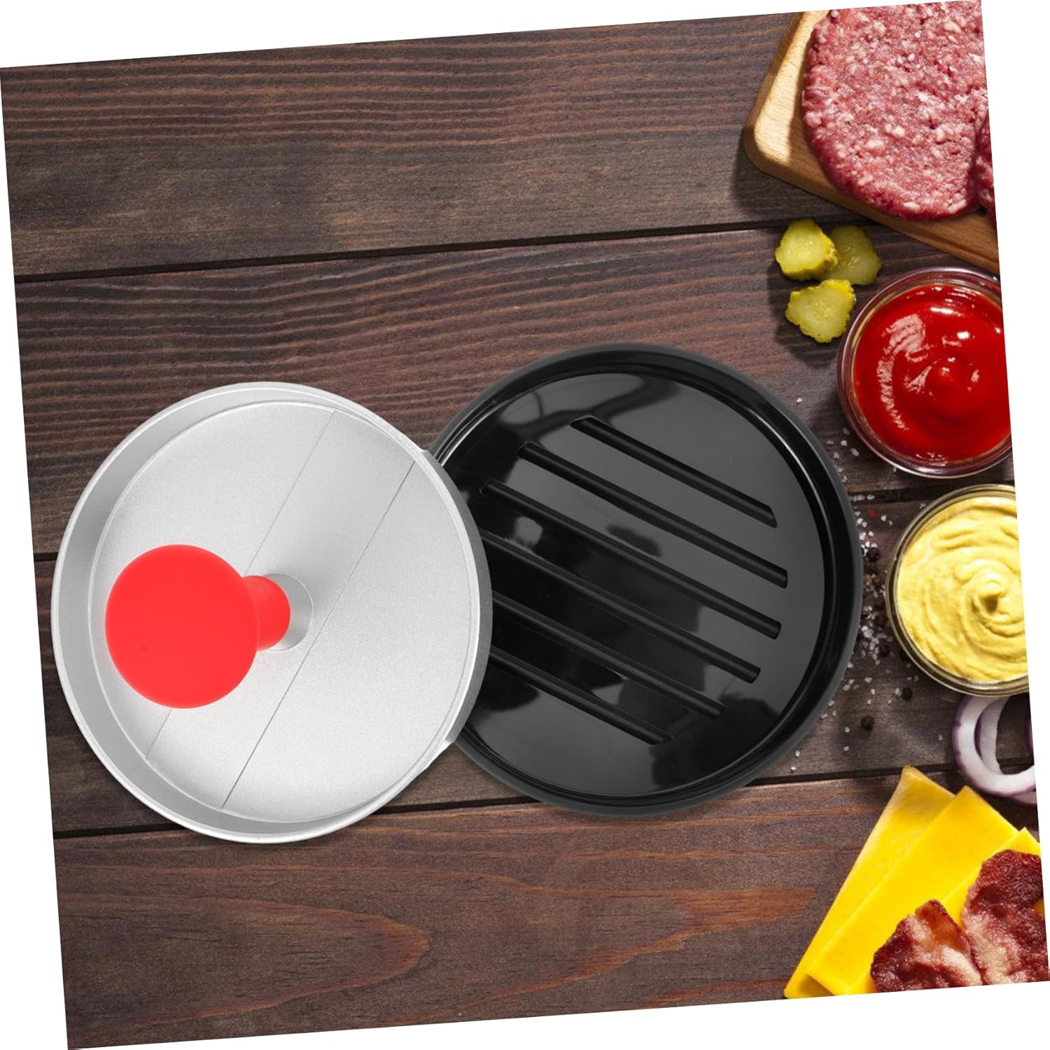 POPETPOP 4pcs Stainless Steel Burger Press Manual Non-Stick Meat Patty Maker for Shaped Hamburgers and Bacon Pressing Kitchen Tool for BBQ and Family Gatherings