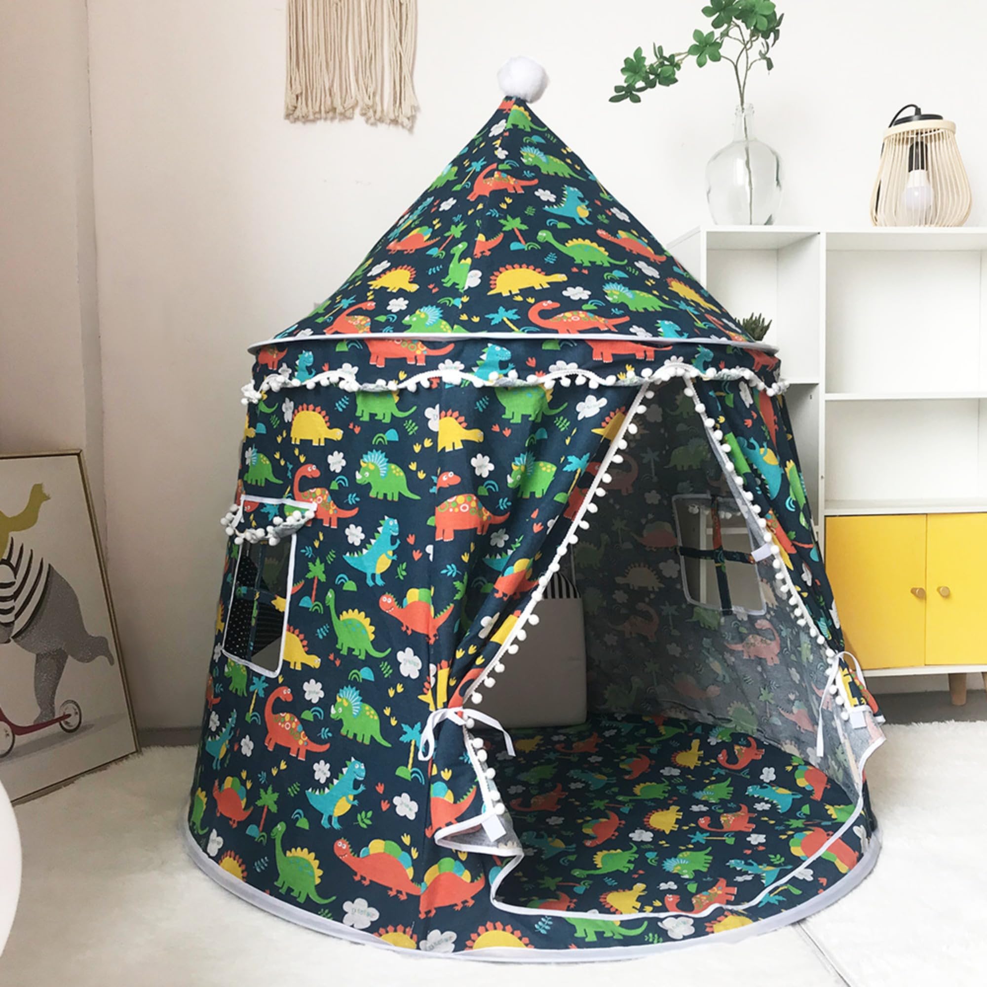ZBELLO Kids Play Tent, 51x43 inch Kids Tent Indoor, Cotton Linen Prince Princess Castle, Children Gift for Game Party Birthday (Navy Dinosaurs)