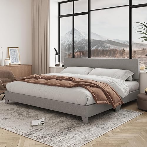 Base de cama Allewie, tamaño King, con cabecera ajustable y plataforma tapizada de piel sintética impermeable, soporte de láminas de madera, no