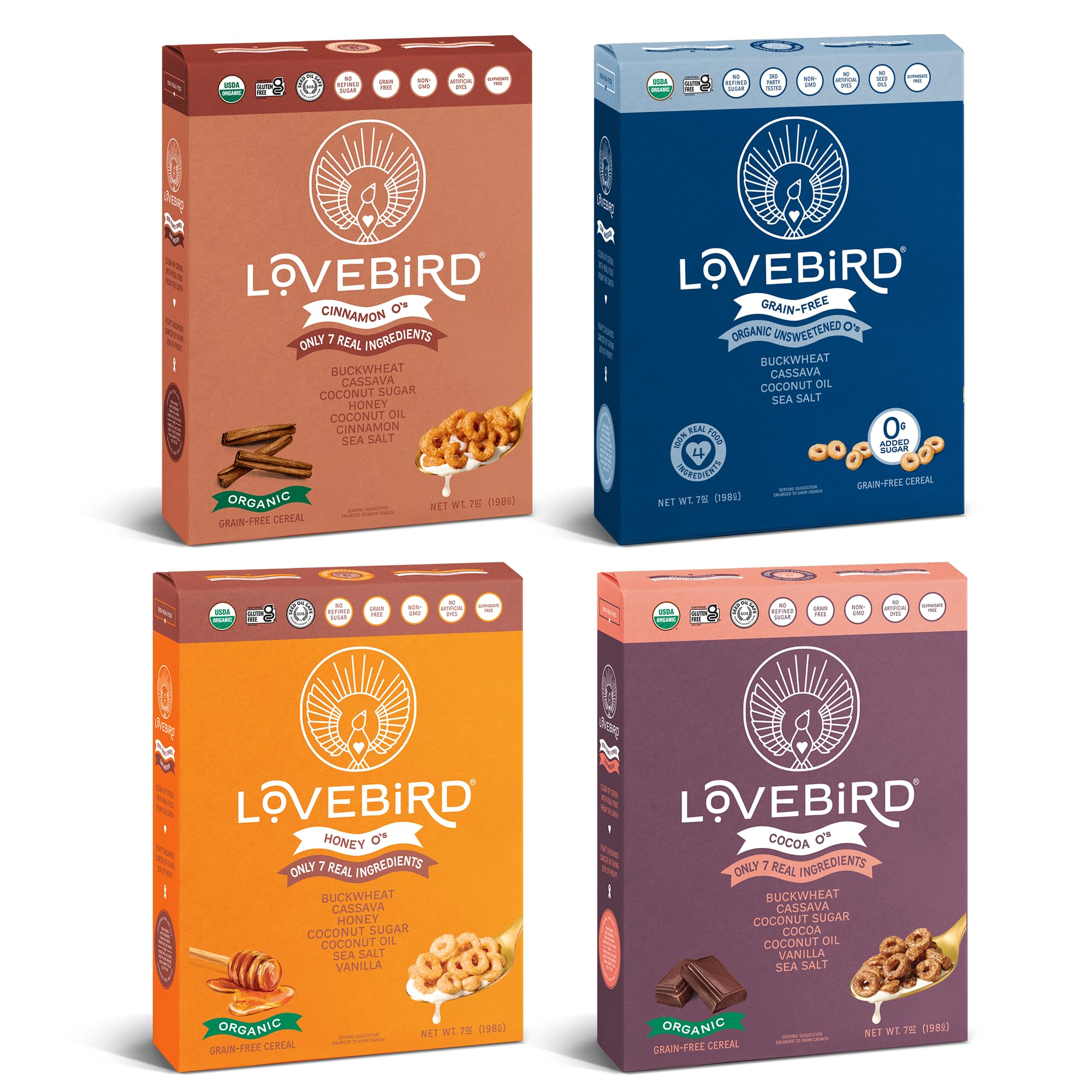 Lovebird Gluten Free Cereal - Organic Grain Free Cereals Paleo AIP Dairy Free Keto Friendly No Refined Sugar Healthy Snacks for Kids, Adults (Variety Pack, 4 Pack)