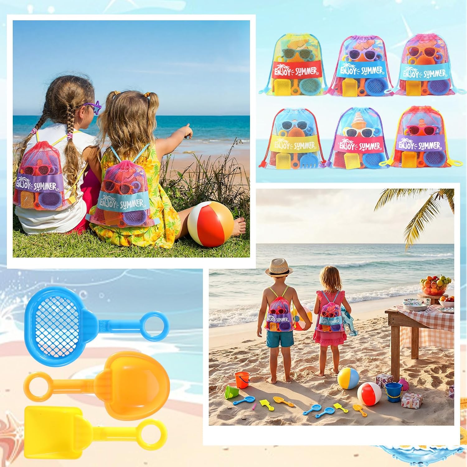 Honeydak 6 Set Pool Party Favors for Kids End of Year Gift Summer Mesh Drawstring Bag Beach Towels Ball Shovels Toys Bulk for Pool Beach Games Birthday Party Supplies Summer Graduation Student Gifts