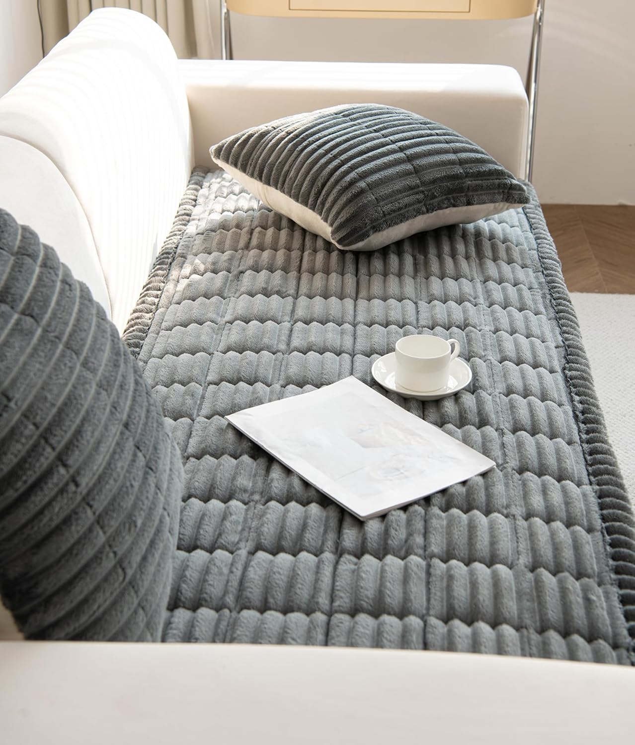 Faux Fur Plush Dog Couch Cover 3D Stripe Fuzzy Sofa Cover Non-Slip Fluffy Dog Bed Cover Pet Blanket Sofa Couch Furniture Protector for Puppy Large Dog Cat (Dark Grey,28"x47") - Image 5