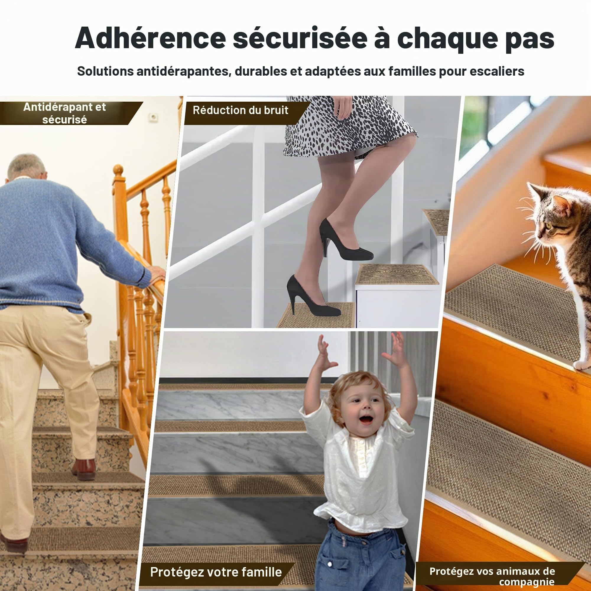 Marchettes d'Escalier, 20cm*76cm 15PCS, Anti Derapant Tapis, Moquette Escalier, Moquette Autocollante, Tapis d'Intérieur Antidérapant, avec Adhésif Réutilisable, Beige