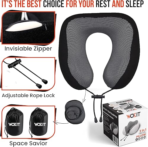 Miniatura 7 de WOKIT Almohadas de cuello de avión para dormir, espuma viscoelástica 100% pura, cómodas, esenciales de viaje con máscara de ojos contorneada 3D,