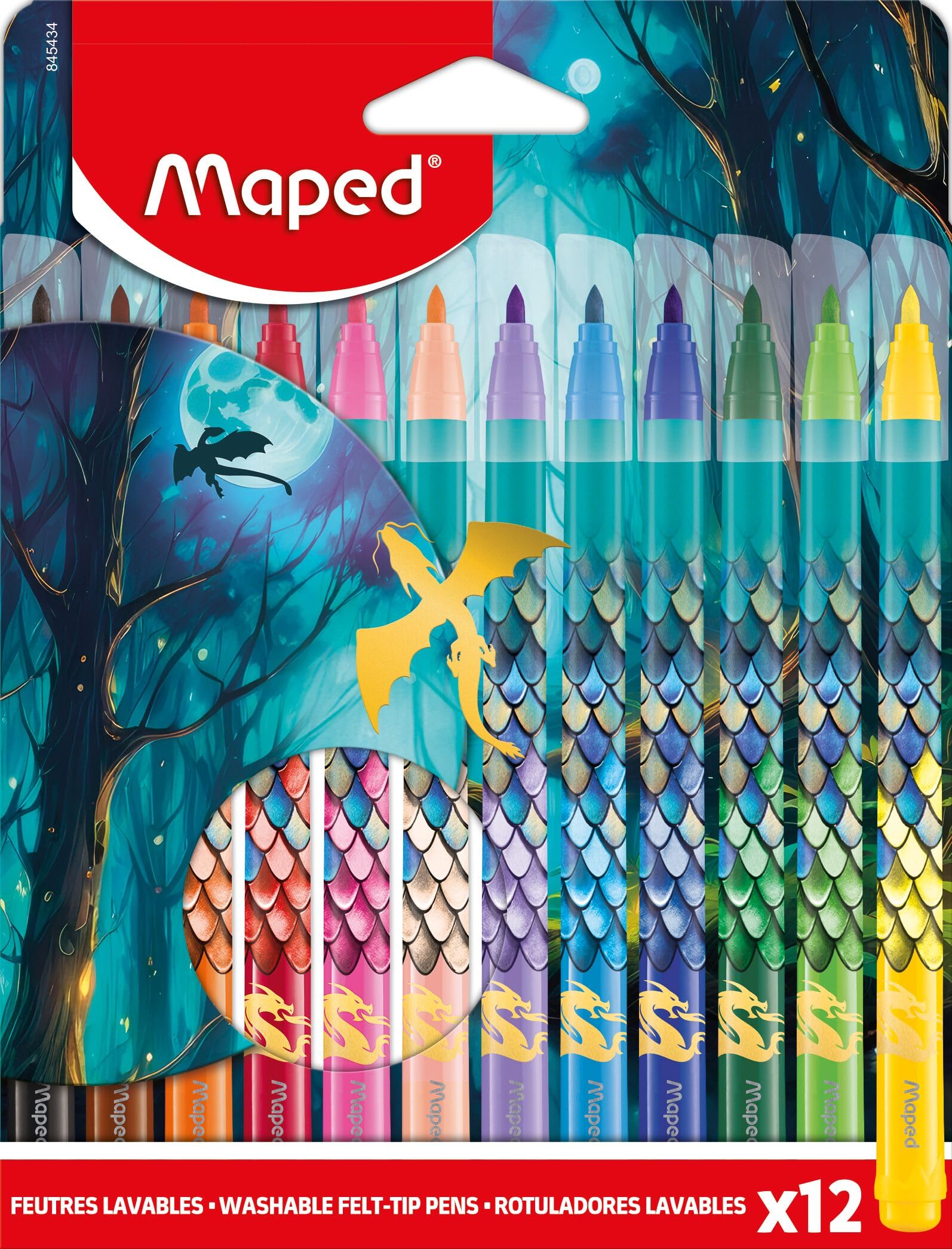 Maped - Dragon Felt Tip - 12 Colouring Pens - Washable and Dry-resistant - Medium Tip - Bright Colours - Ideal Back to School Supplies - Cardboard Pouch