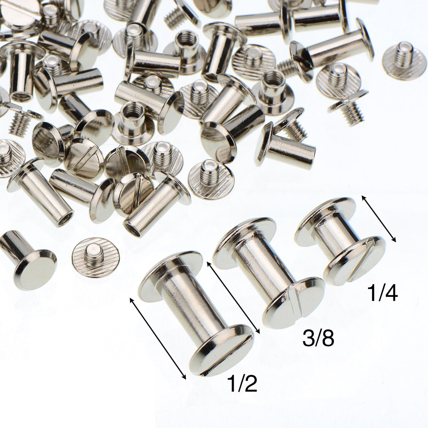 TecUnite 75 Pieces Screw Post Metal Chicago Screws Binding Screw Leather Screw Nail Rivet Button Solid Belt Tack Screw, 1/4, 3/8 and 1/2 Inch, Silvery