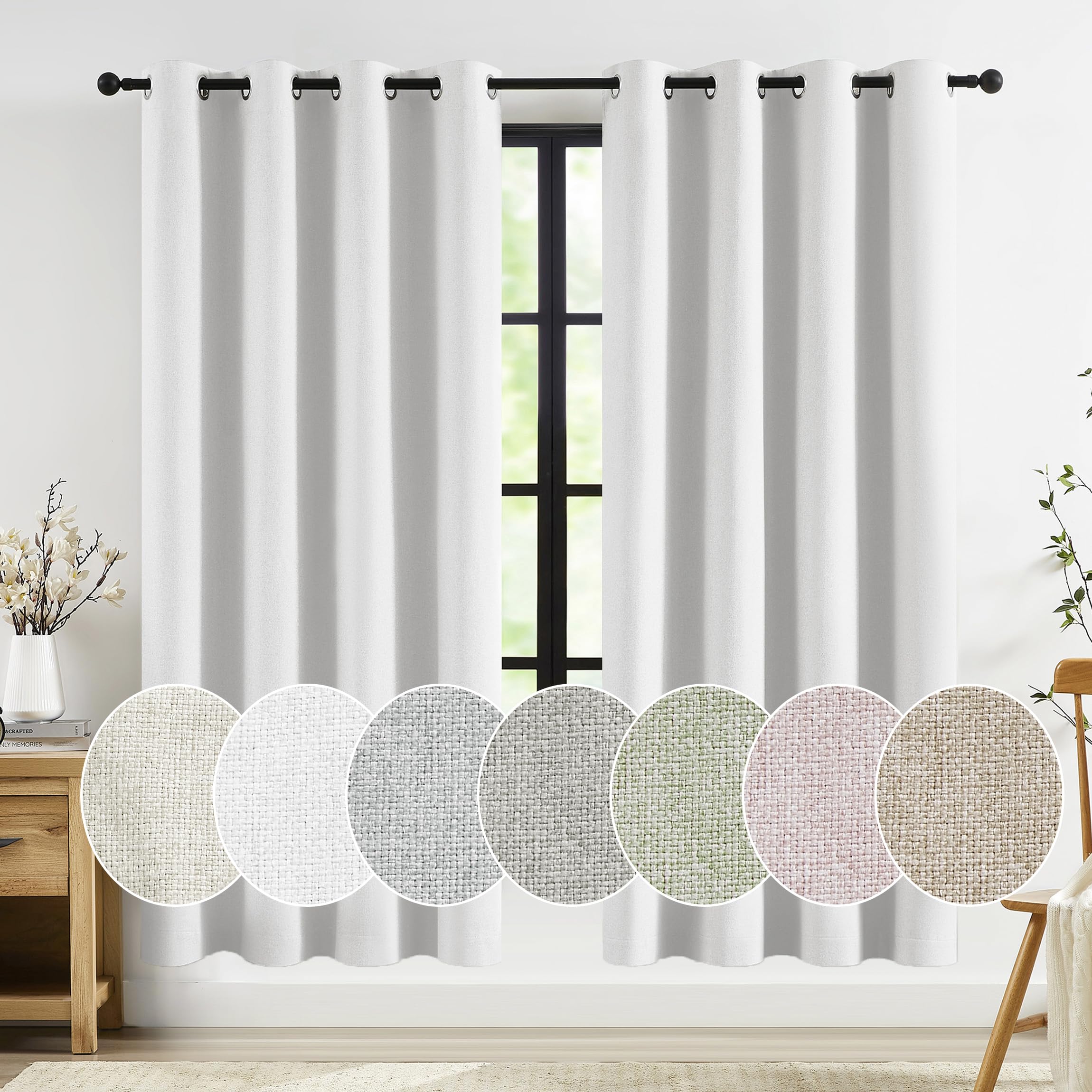 Jubilantex White Linen Blackout Curtains Full Blackout 63 Inches Long for Bedroom Living Room Thermal Insulated Linen Textured Blackout Curtains