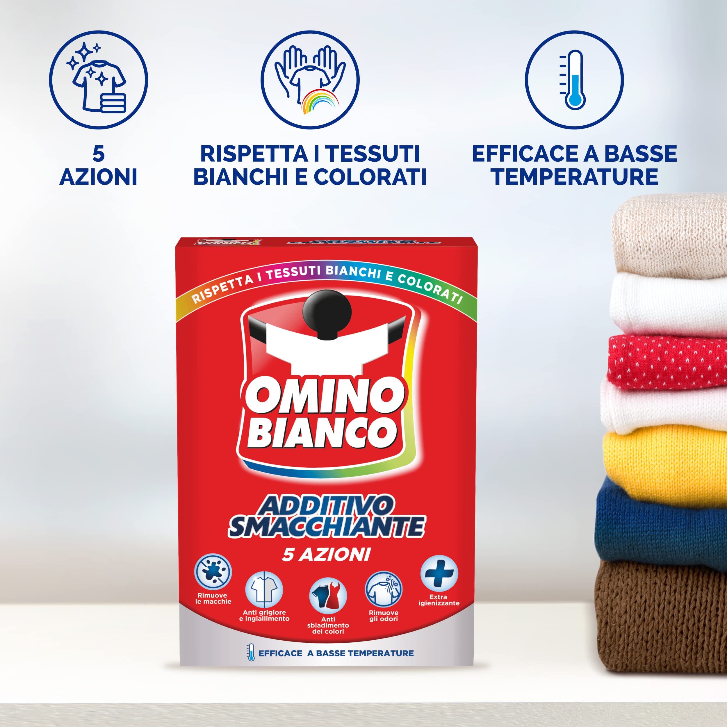 Omino Bianco - Additivo Lavatrice Totale in Polvere 5 Azioni in 1 per Bucato, Azione Smacchiante e Igienizzante, 500 g x14