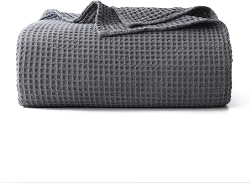 Manta de Algodón 100% Tipo Waffle (Gris Oscuro - Tamaño Manta - 50 x 60 pulgadas), Prelavada y Anti-Encogimiento, Suave y Liviana para Cama y Sofá,