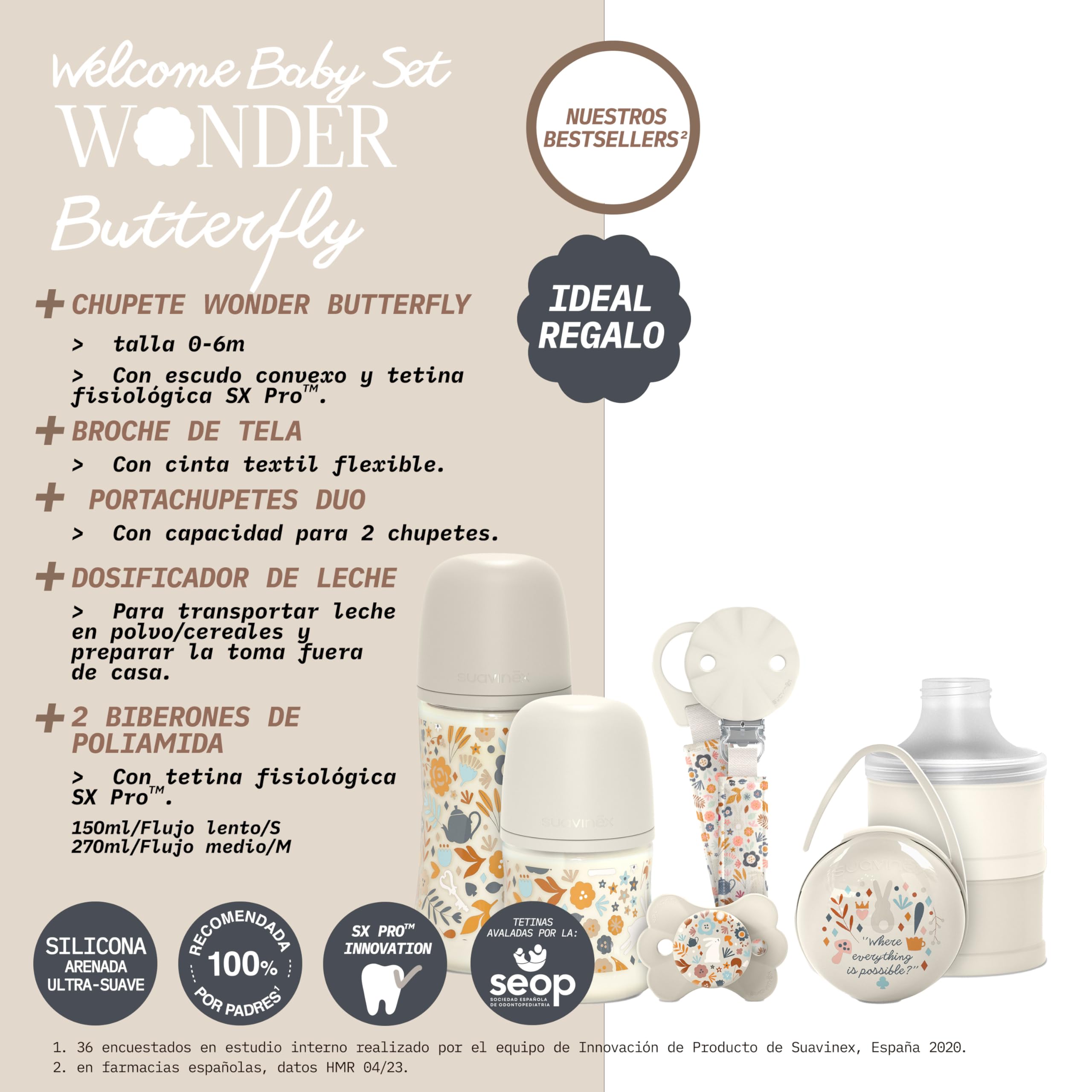 Suavinex, Set Regalo Recién Nacido. Kit Biberones Anticólicos de 150 ml y 270 ml + Chupete 0/6 Meses con Tetina Fisiológica SX Pro + Dosificador de Leche + Portachupetes + Chupetero. Wonderland Rosa