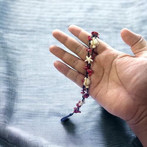 Miniatura 4 de Anklet Stone Handmade Braided Rope Ankle Natural stone Turtle Starfish dolphin for Women Girls (Red Agate turtle starfish)