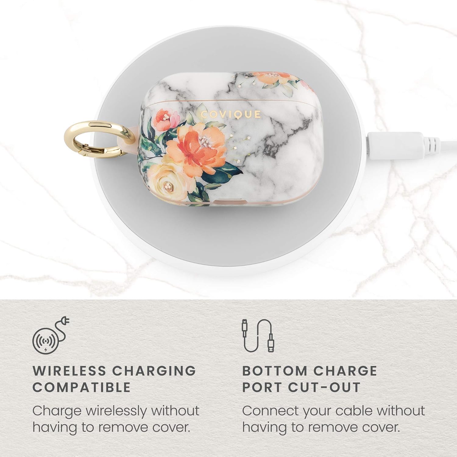 Cheap Covique Compatible AirPods Pro Case Cover, Cute Women Girly Flower, White Marble Floral & Glitter, Protective Shockproof TPU with Keychain Hook for AirPods Pro Charging Case