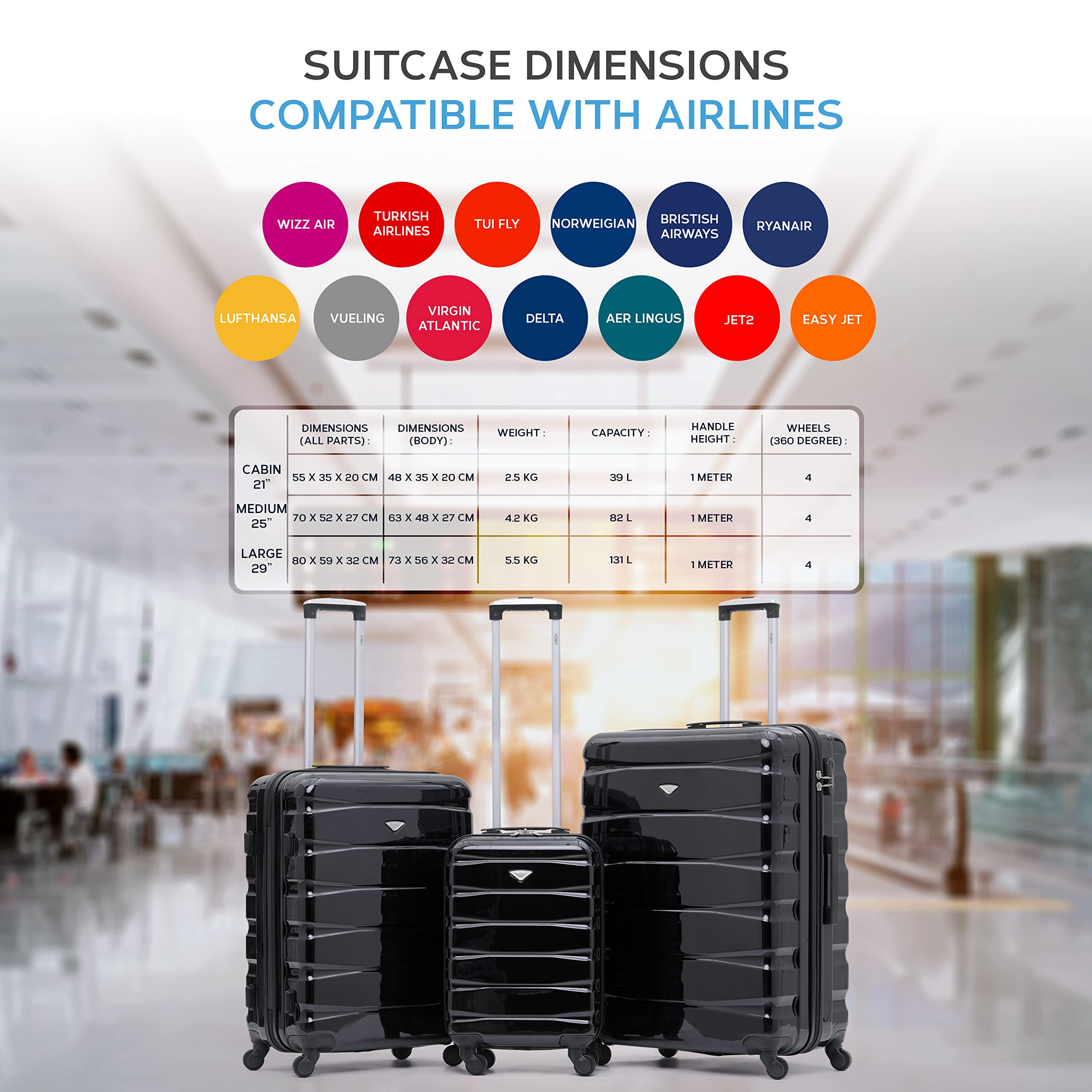 Flight Knight Lightweight 4 Wheel ABS Hard Case Small Suitcase Approved for Over 100 Airlines Including easyJet, British Airways, Ryanair, Jet2, Emirates & Many More - Carry On 55x35x20cm
