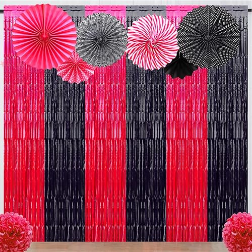 Miniatura 5 de Decoraciones de fiesta de cumpleaños rosa y negro, cortinas de flecos de papel de aluminio para el día de San Valentín, serpentinas de telón de