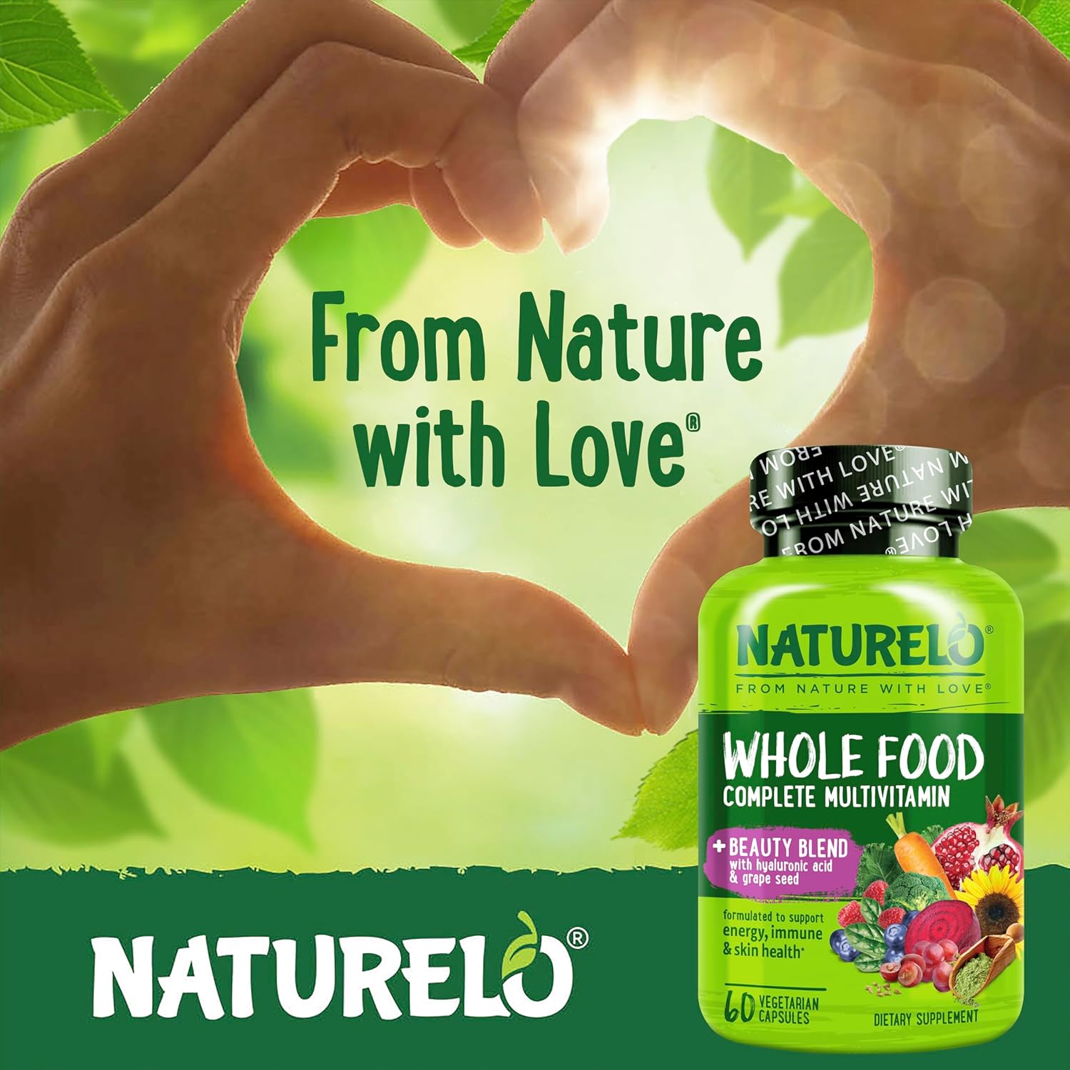NATURELO Whole Food Multivitamin with Extra Hair, Skin and Nails Support - Beauty Blend with Hyaluronic Acid & Grape Seed - High Potency Biotin, Vitamin C, and Glutathione - 60 Vegan Capsules - Image 6
