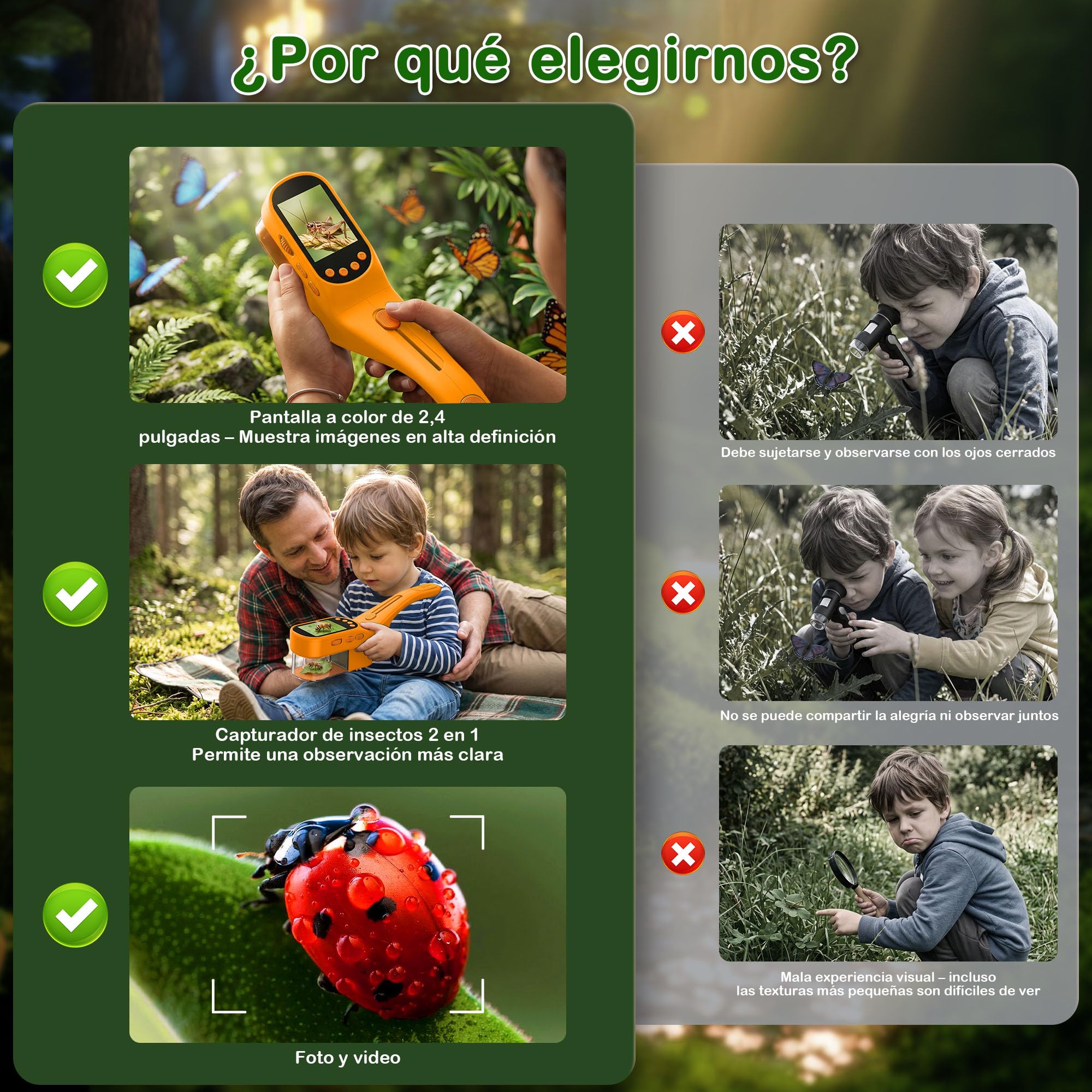 CIMELR Atrapa Insectos 2,4" HD microscopio – Juguete Naturaleza para niños | Atrapa insectos batería 1000mAh, 8 LED, cámara 1080P, proyección PC, kit STEM 3-12 años