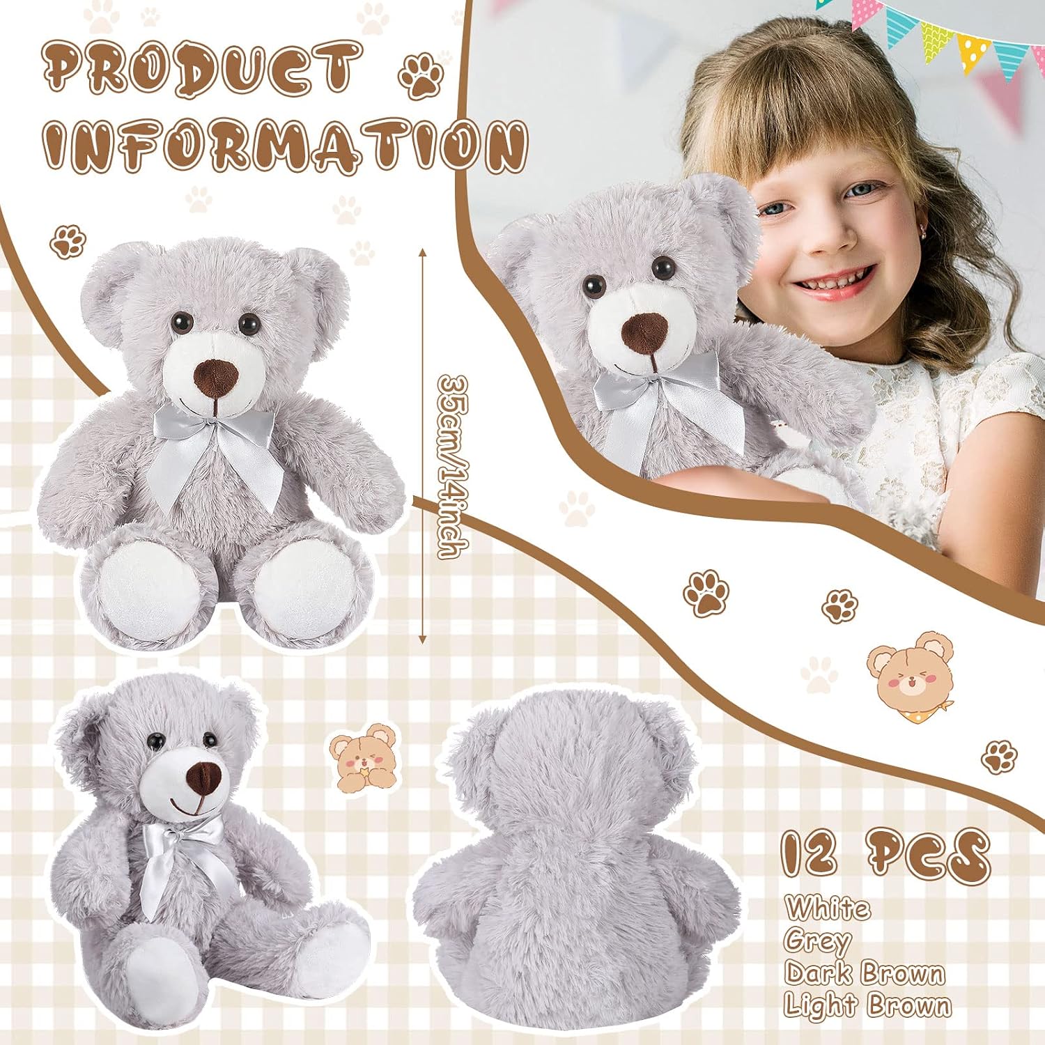 12 Pcs 14 Inch Valentine's Day Bear Stuffed Animal Bulk Gifts Bulk Soft Plush Stuffed Bear for Bridal Anniversary Centerpiece Baby Shower Party Favor