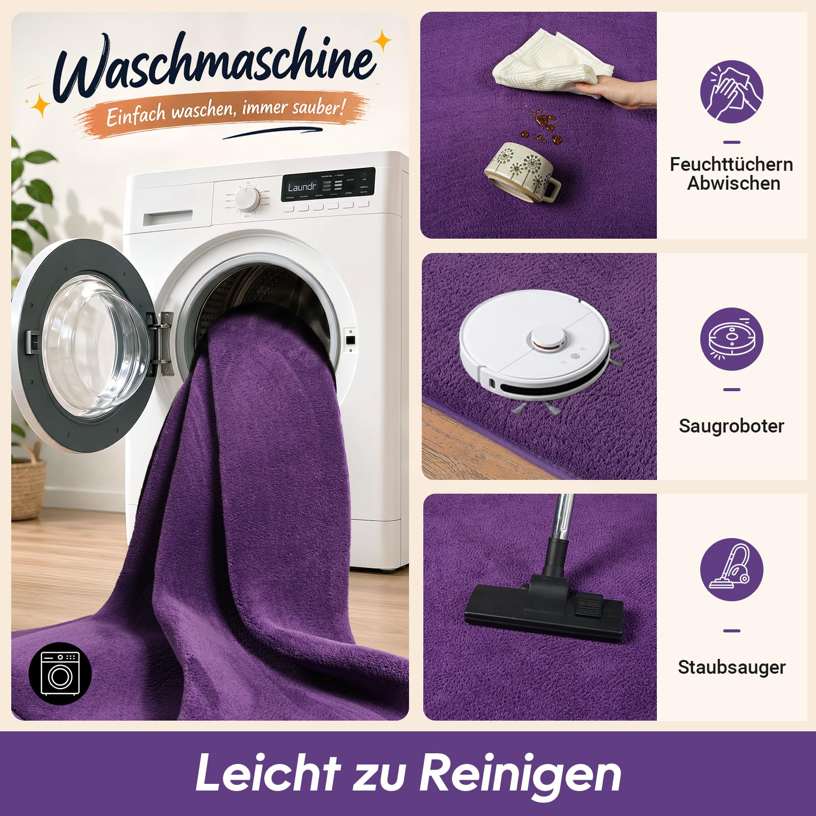 Teppich Wohnzimmer Groß 160x230cm Flauschiger Waschbarer Teppiche Lila | Teppich Kurzflor Weich Rutschfest wohnzimmerteppich Carpet für Schlafzimmer Kinderzimmer Flur und Büro