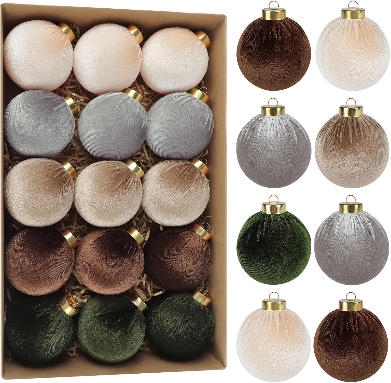 15 PCS Velvet Christmas Tree Ornaments, 80mm/3.15in Large Brown Christmas Ornaments Set Shatterproof Hanging Flocked Balls for Party Indoor Home Decor, Brown, Green, Grey, Beige