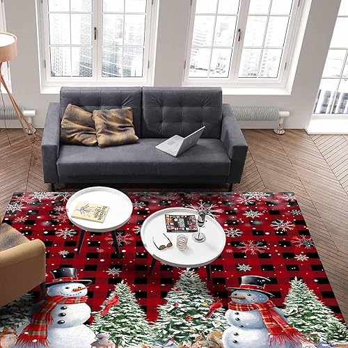 Miniatura 5 de Alfombra de área de muñeco de nieve de Navidad, árbol de Navidad, copos de nieve, rojo y negro, a cuadros, antideslizante, lavable, alfombra para