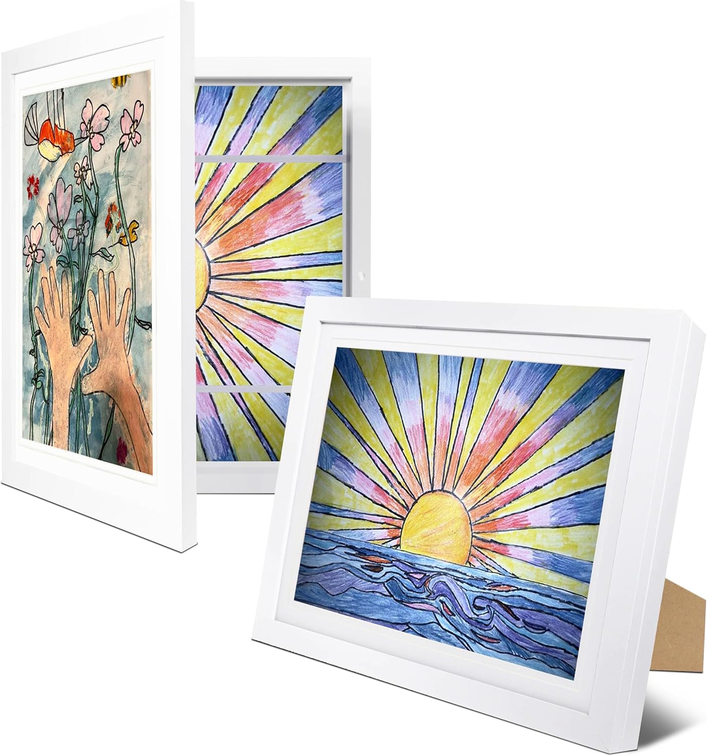 2-Pack Kids Artwork Frames Changeable 10x12.5 with Easel Stands, Hangers, Backboards, Shatterproof Plexiglass | 2 Mats Fit 9x12, 8.5x11, A4 Paper Sizes | Large and Easy-Access Kids Art Frame Display and Storage for up to 100 Sheets (White) Arctic White