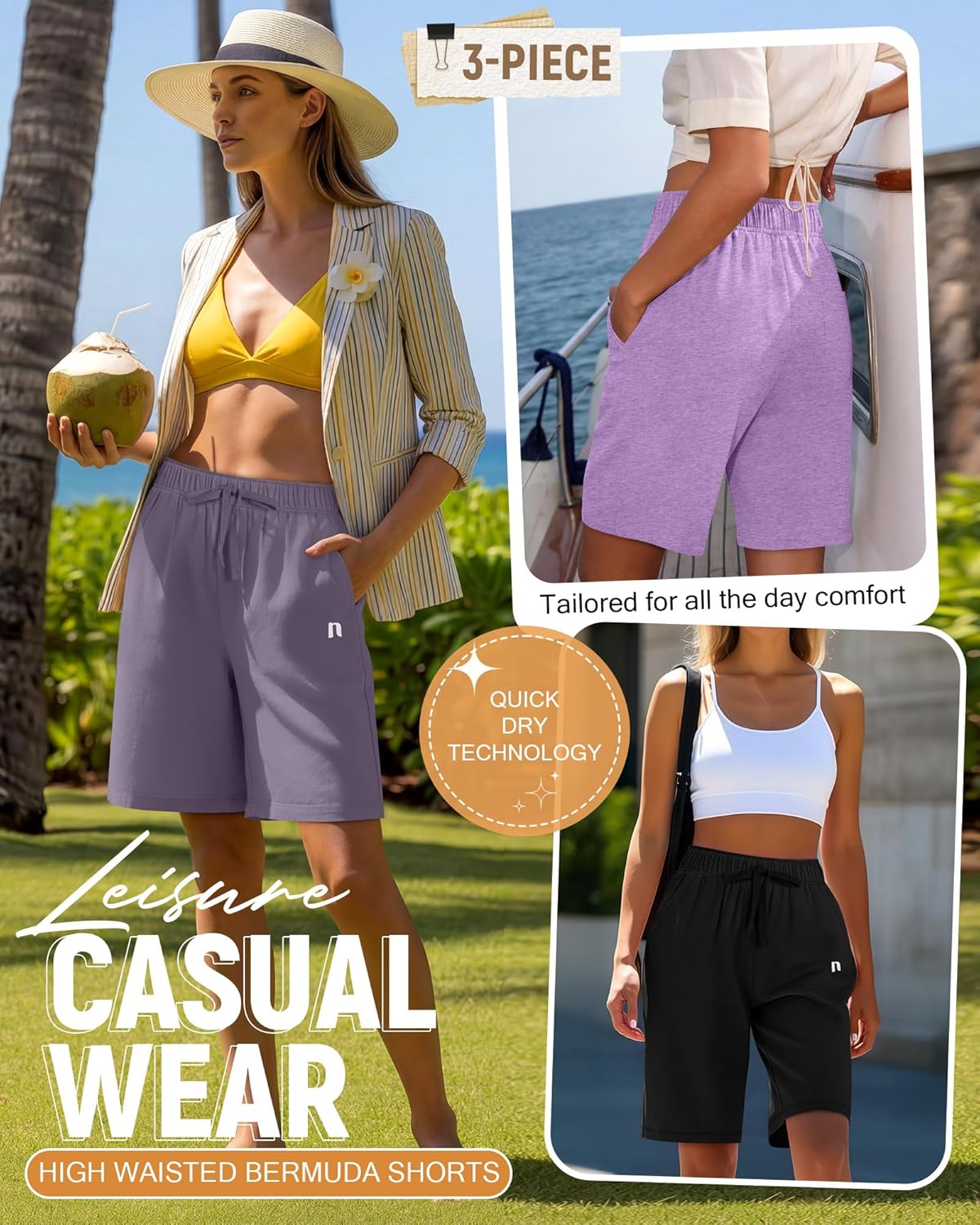 Neer 3 Pack Women's Quick Dry Shorts Women Drawstring High Waisted Bermuda Athletic Shorts with Pockets - Image 3