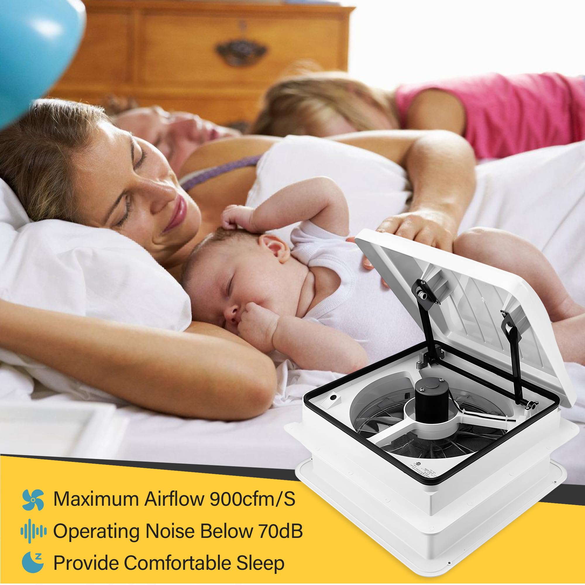 35,6 cm (14 Zoll) Wohnmobil-Dachventilator, 4 Geschwindigkeiten, Wohnmobil-Anhänger-Dachlüftung mit 12-Volt-Ventilator mit LED-Licht (weiß)