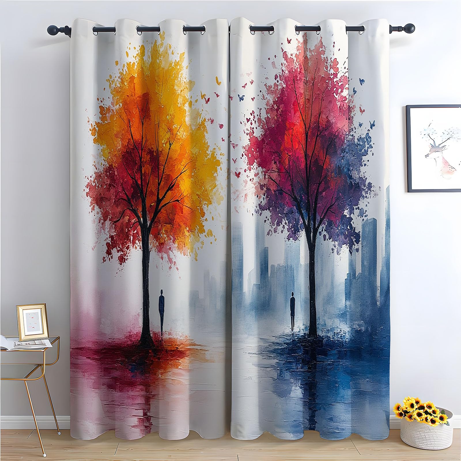 TERUEA Resistant Polyester Fabric Curtains Abstract split color tree skyline water butterfly Curtains Landscape Decor Multiple sizes-63 W x 90" L (Pack of 2)
