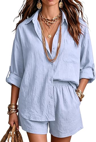 Gozoloma Women's 2 Piece Cotton Linen Set Adjustable 3/4 Sleeve Button Down Shir