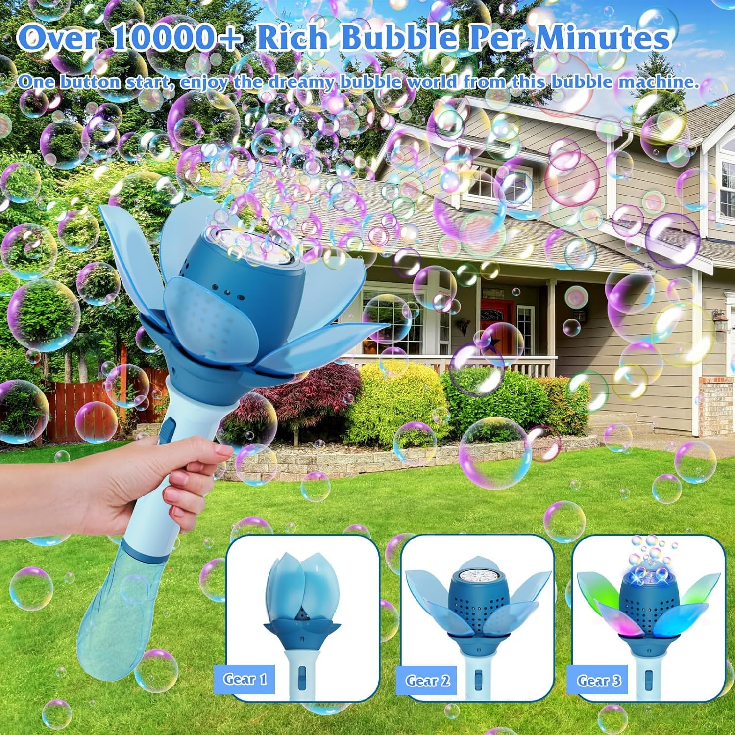 SAMVARDHAN Electric Bubble Stick for Kids, Automatic Bubble Machine 10000+ Bubbles Light Up Flower Bubble Wand Bubble Toys for Summer Outdoor Party Wedding (Blue) — Amazon image 3