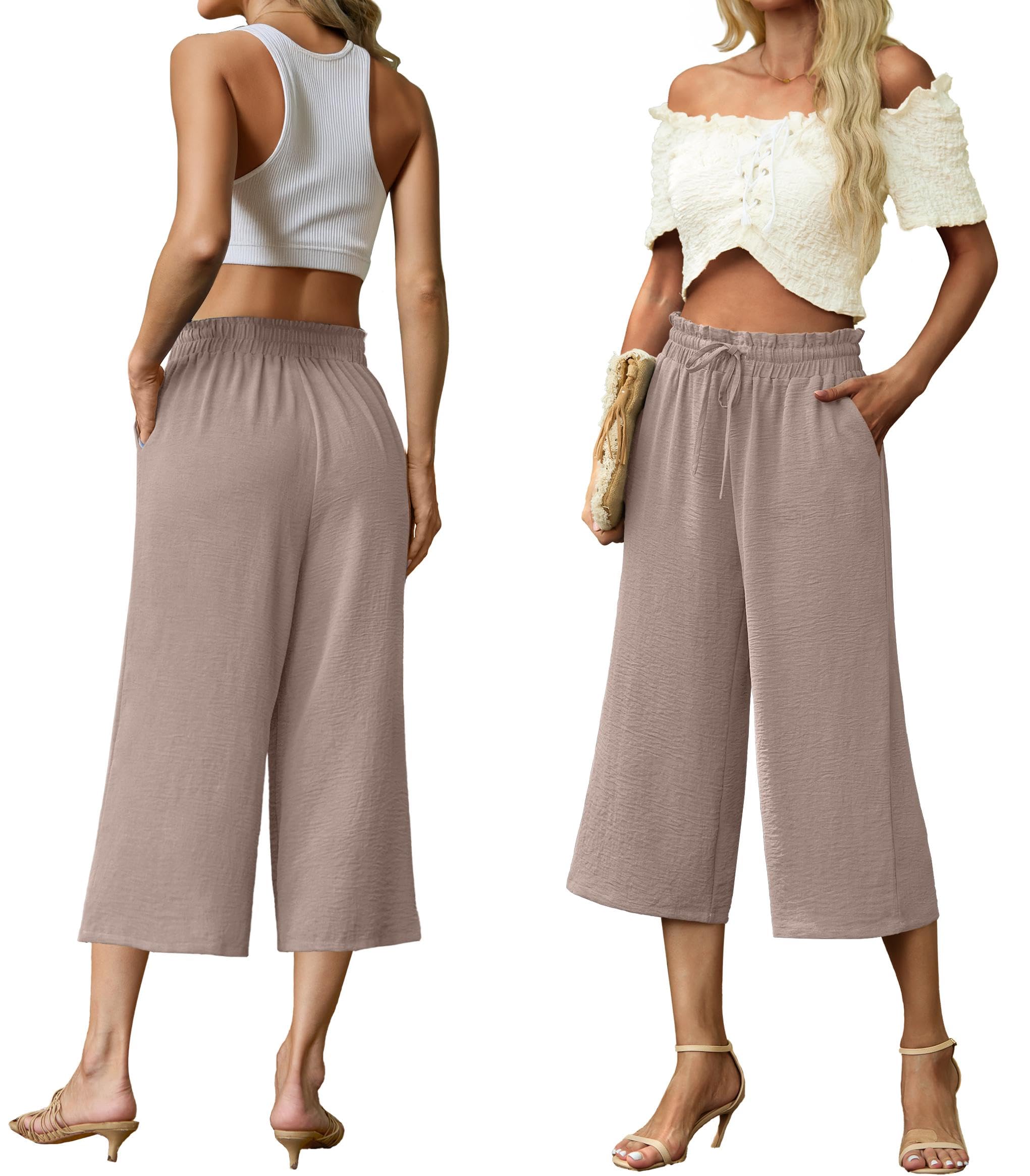 QIXING Pantaloni Capri da donna a 3/4, a vita alta, gamba larga, estivi, con tasche, coulisse regolabile