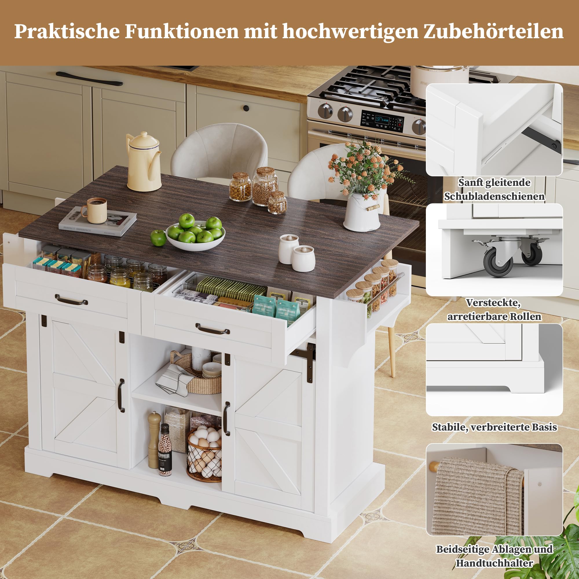 Isla de cocina con encimera plegable, carrito de cocina con ruedas, armario de cocina con 2 puertas correderas y 2 cajones, armario de almacenamiento de cocina, 120 × 45 (70)× 91 cm (blanco)