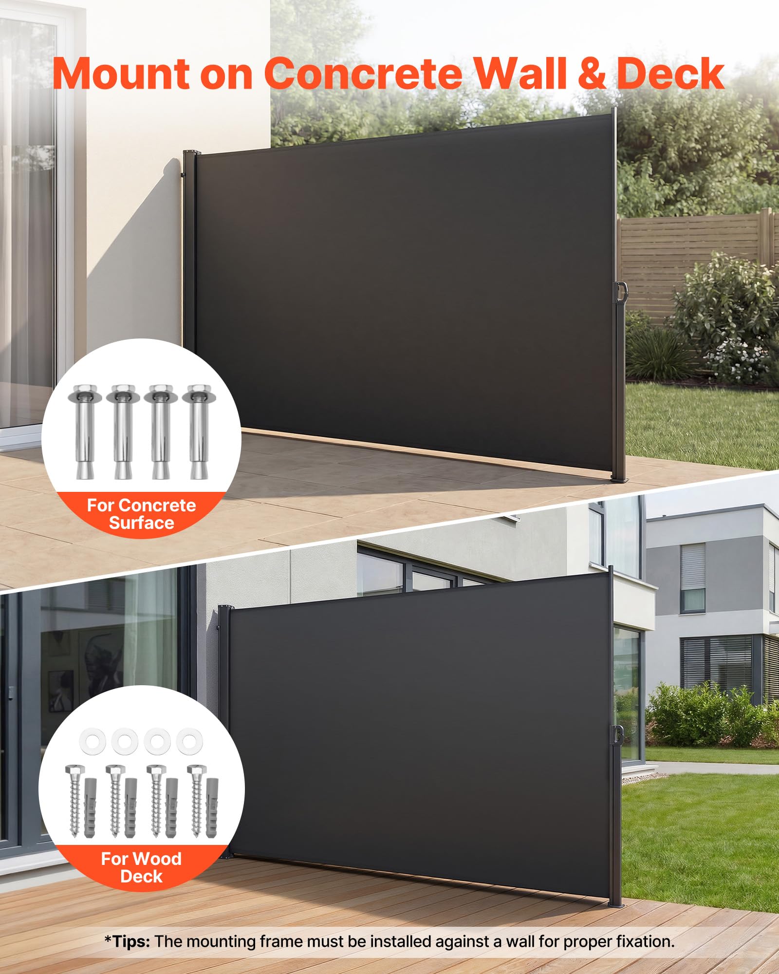 VEVOR Tenda Laterale Retrattile 180 x 300 cm Parasole, Divisorio Paravento per Terrazza con Tessuto in Poliestere, Impermeabile Frangivista Grigio, da Esterno per Giardino Balcone Piscina Terrazzo