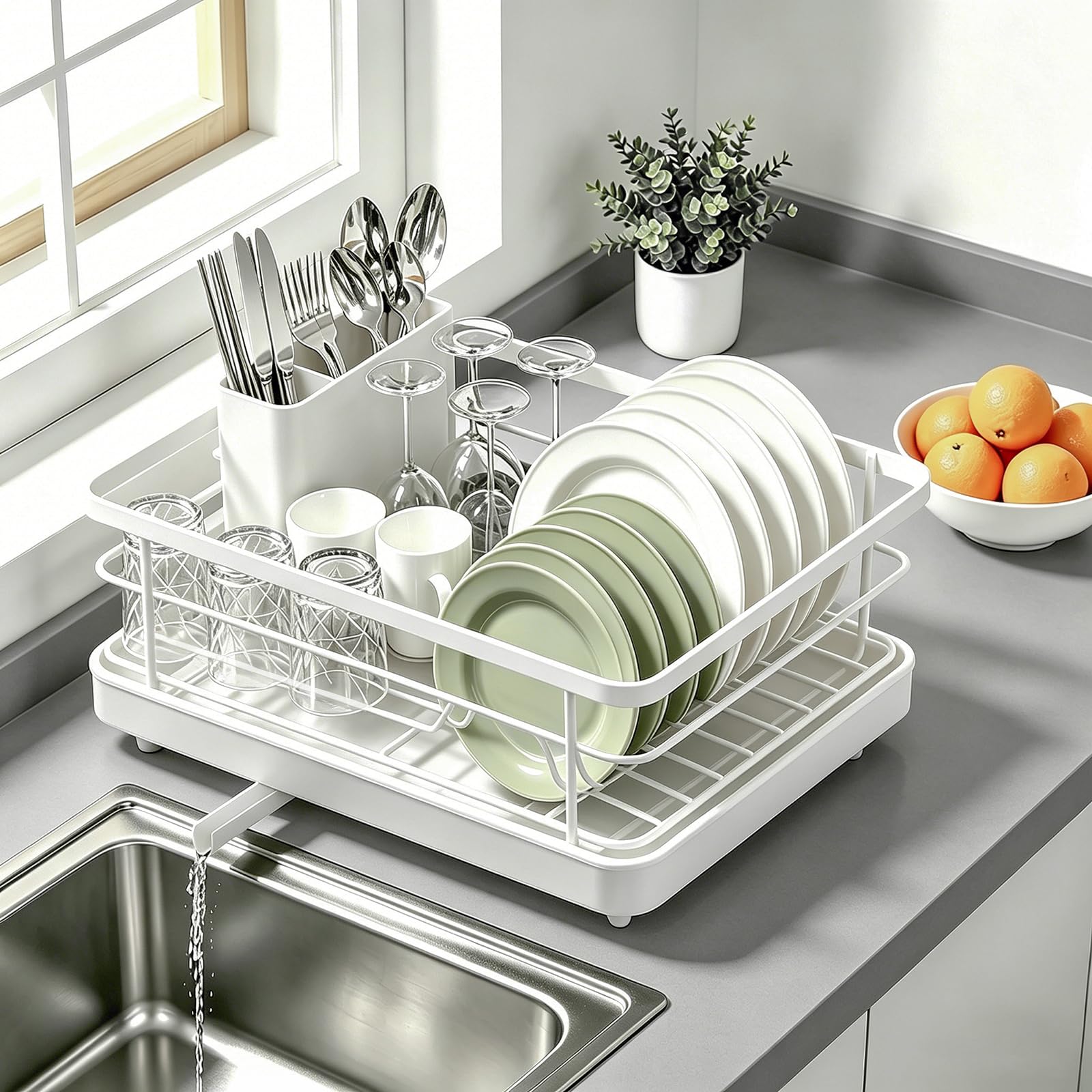xianxikaitech Large White Dish Drainer Rack with Utensil Holder and Draining Board - Space Saving Dish Drying Rack for Kitchen Counter.