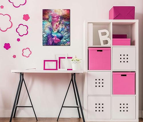 Miniatura 5 de Xxliren Lienzo decorativo para pared de baño con imágenes de sirena, decoración de habitación de sirena rosa para dormitorio de niñas, tamaño de