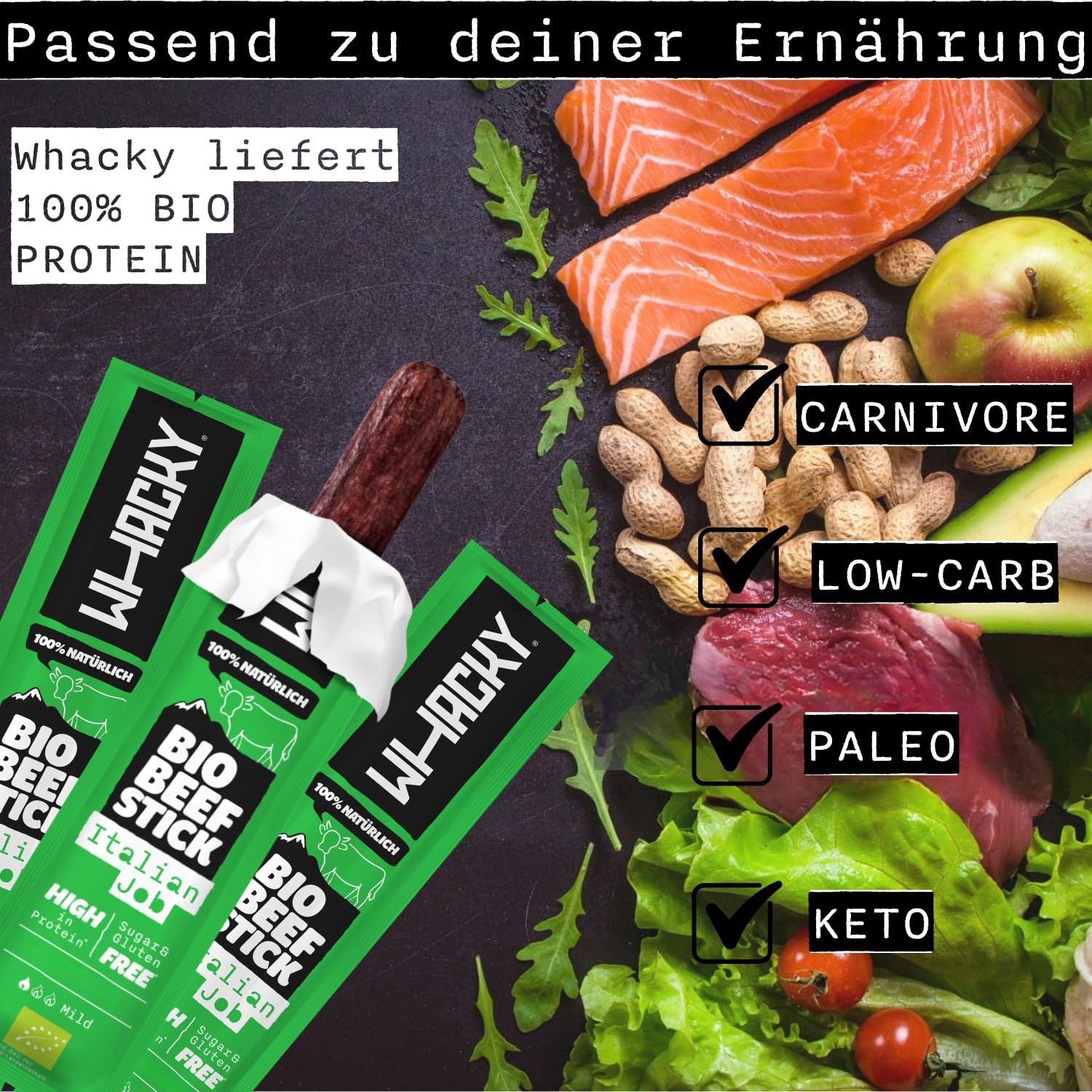 Whacky Bio Beef Sticks – Italian Job (30× 32g) Protein Snack aus Rindfleisch – Salami Sticks ohne Zucker – Low Carb, für Fitness, Keto, Outdoor & Unterwegs – Italienische Kräuter Geschmack