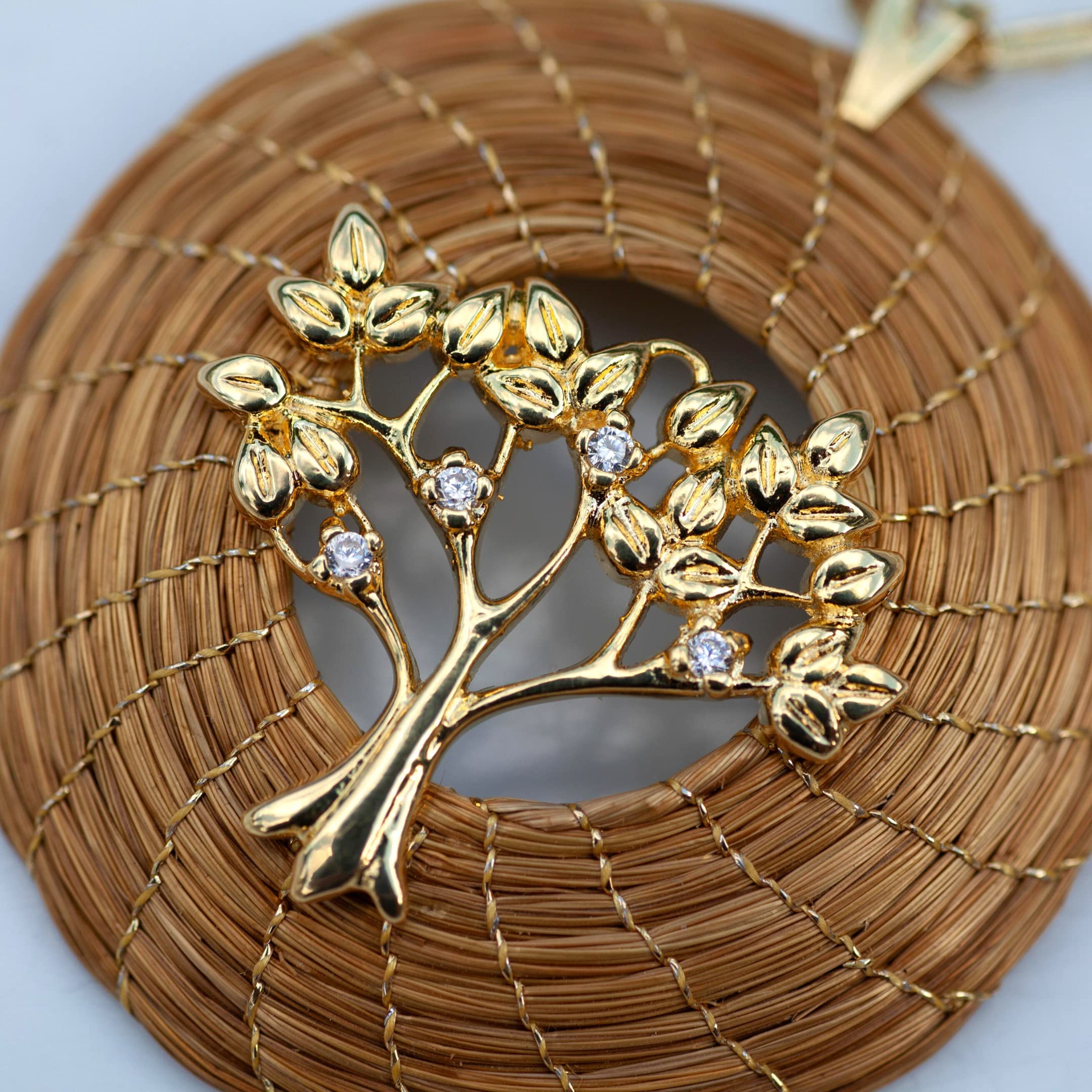 Collar Árbol de la Vida de Oro Vegetal 45 mm con Cadena Chapada en Oro | Joyería de fibra natural dorada