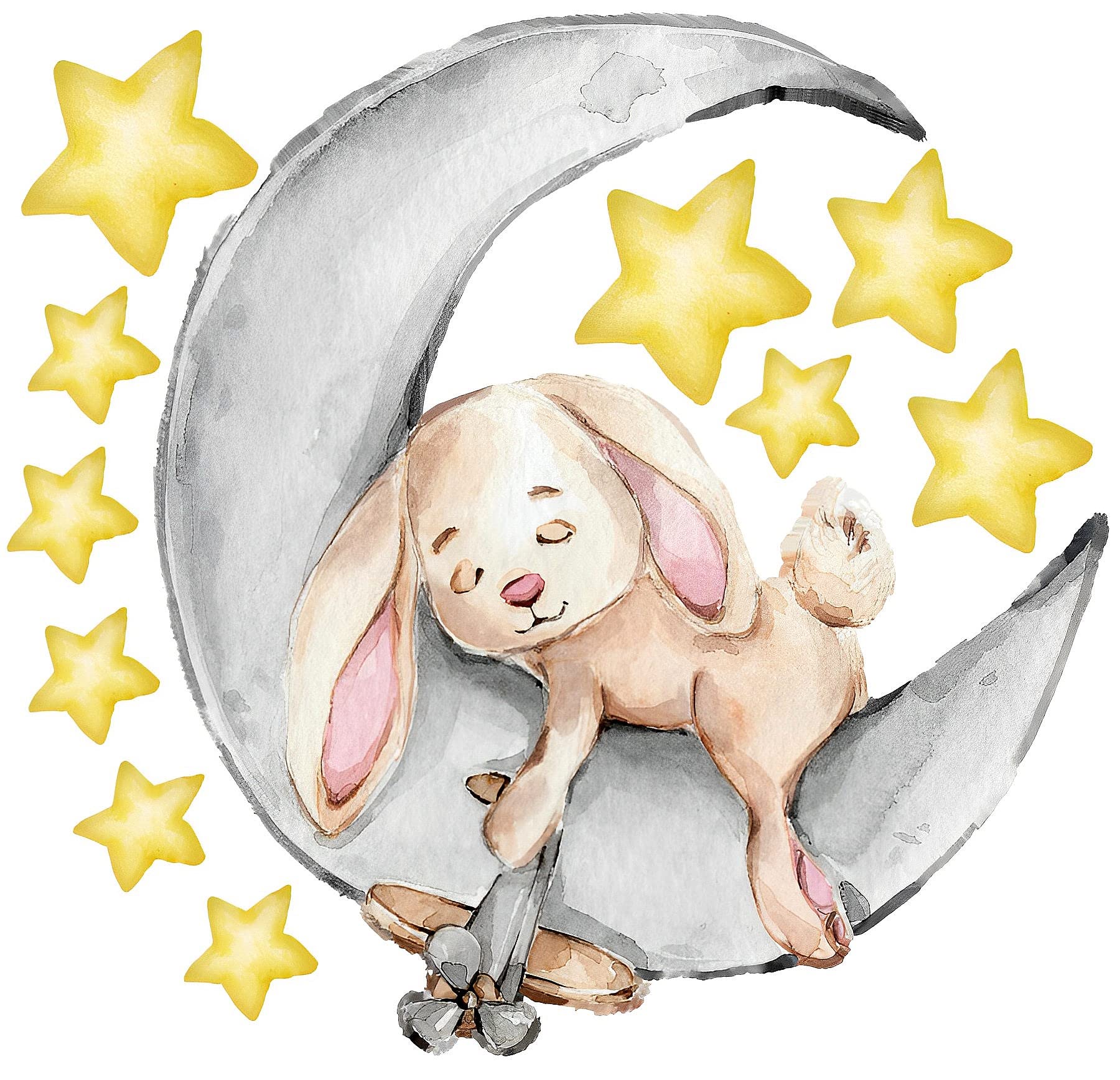 Sticker Mural Enfant « Lapin Sur La Lune » – 58x48 Cm – Décoration Chambre Bébé, Fille Ou Garçon – Autocollant Facile à Poser Et à Retirer