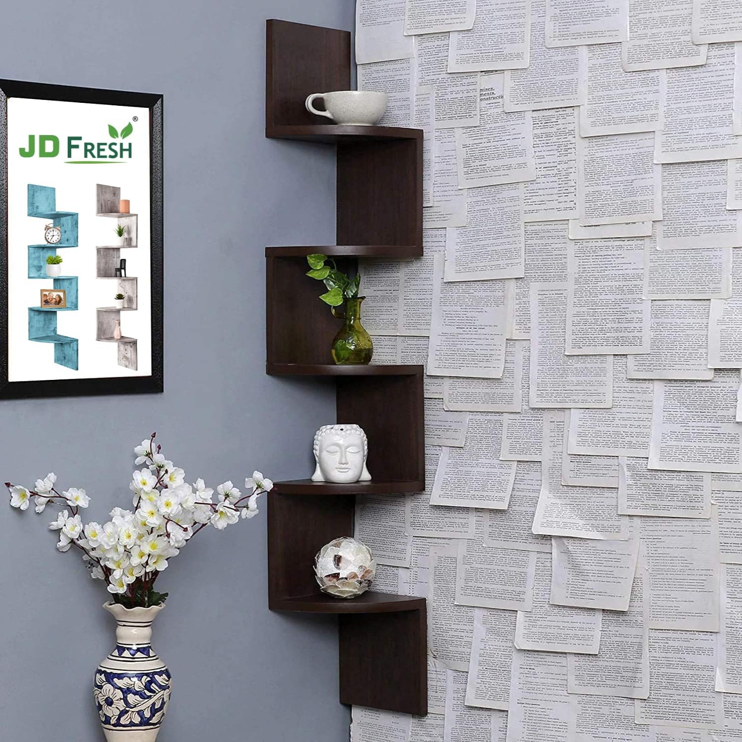 JD FRESH 5 Tier Wooden Wall Shleves for Bed Room/Stylish Corner Hanging Shelf/Wall Decoration Organizer for Living Room/Zig Zag Home Decor Floating Display Rack/Showpiece/Idols/Photo Frames(Brown)