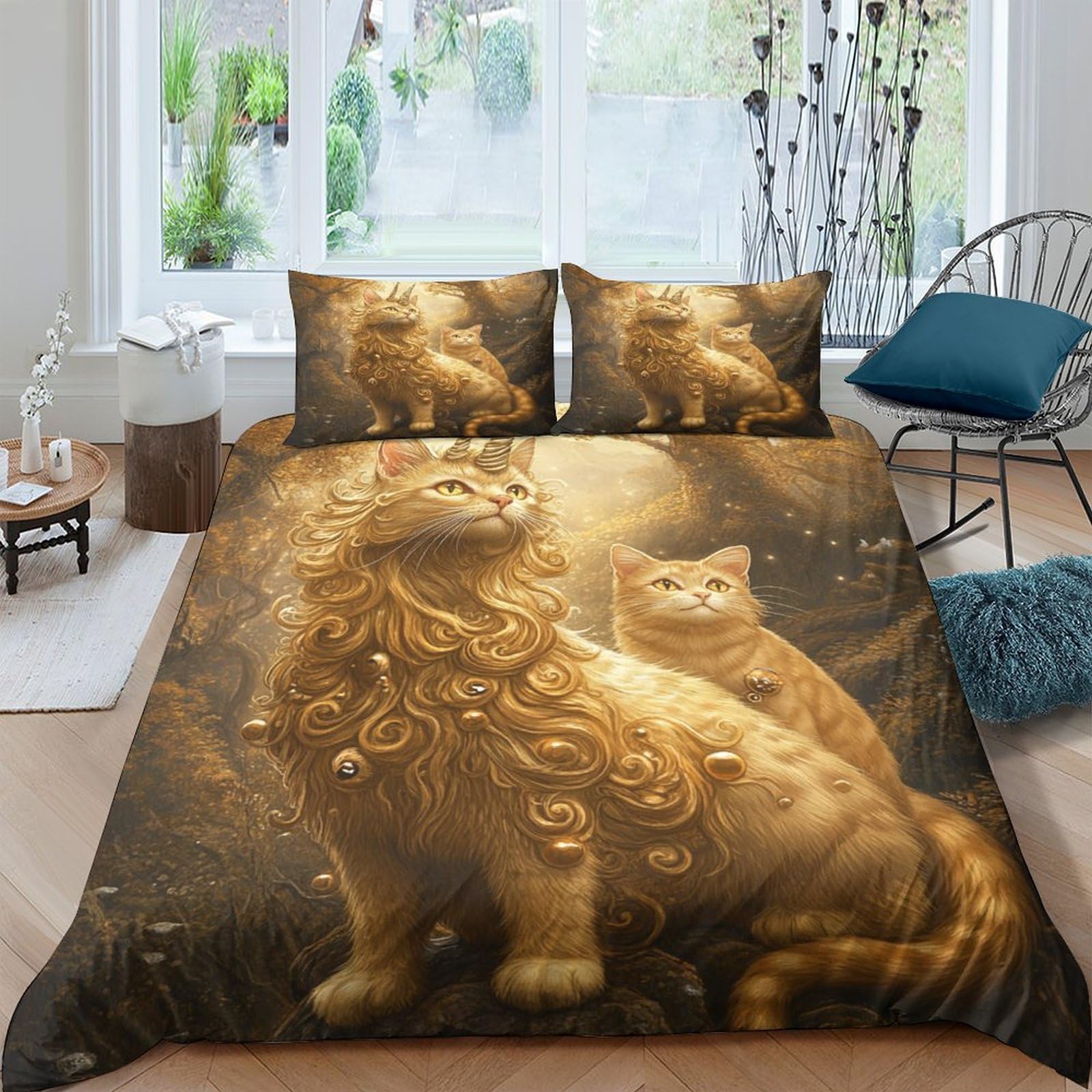 Fantasia del gatto dorato Impressione 3D 3 pz fodera per edredone arte di creature mitiche coperteletto microfibra ipoallergenica antiacari per ragazzi uomini adulti King（220x240cm）
