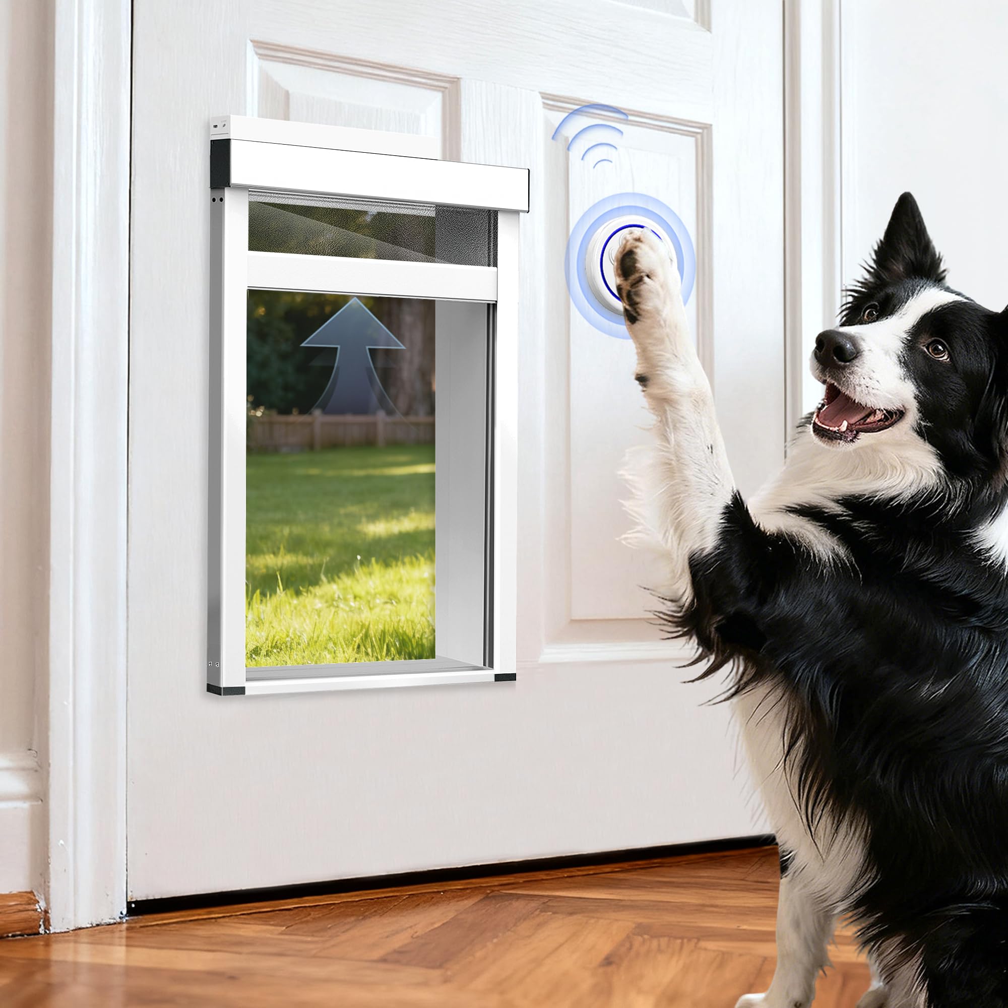Photo 1 of Large Dog Door for Door,Electronic Pet Automatic Door Smart Aluminum Dog Door with Dogbell Activated Auto Lift, Lockable Weatherproof Telescoping Tunnel for Small Pets(Pets Up to 100 Lb)