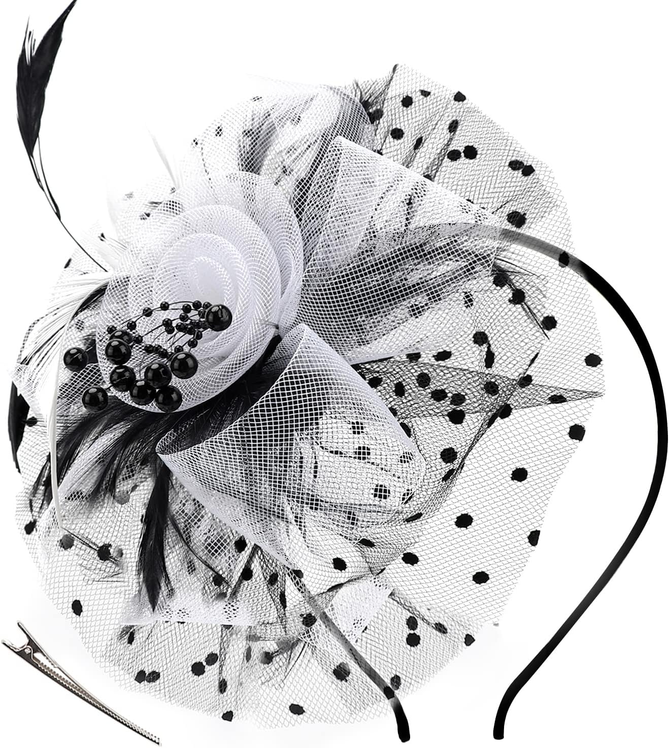 DRESHOW Fascinators Hat Flower Mesh Ribbons Feathers on a Headband and a Clip Tea Party Headwear for Girls and Women