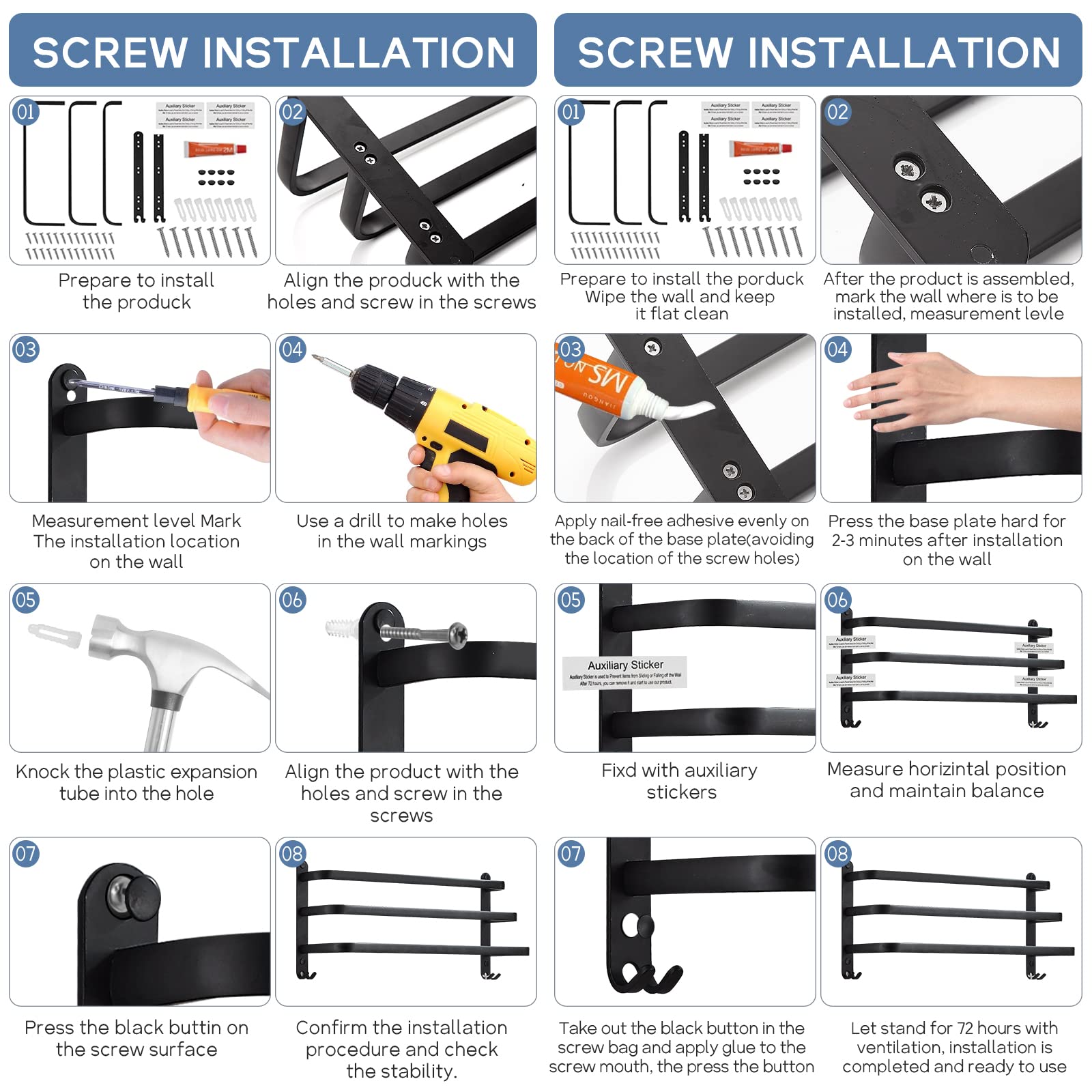 Toallero negro sin taladrar, toallero autoadhesivo de aluminio, toallero de pared de 3 pisos con ganchos, resistente al agua Rust toalla de baño para baño o cocina
