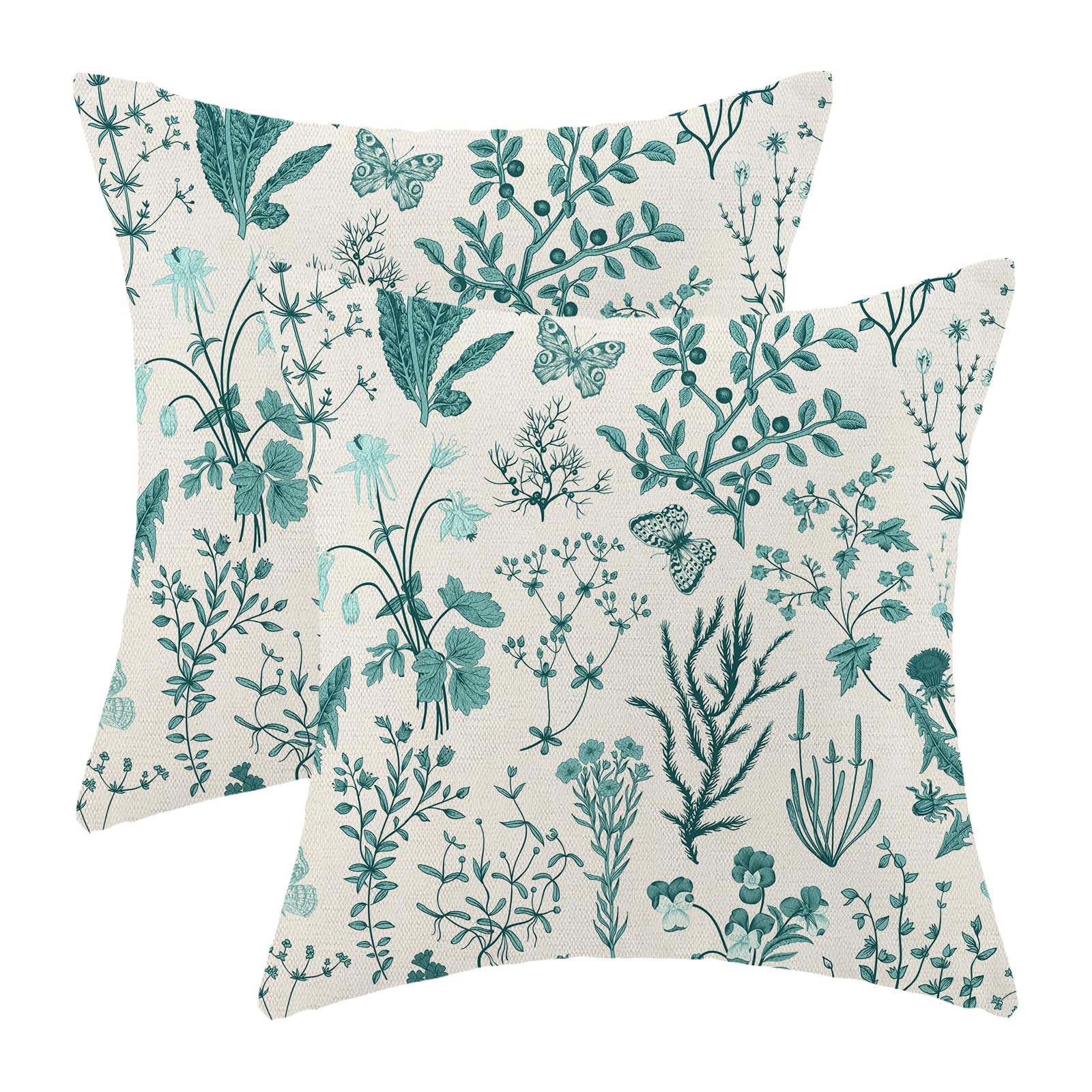 AEIOAE Summer Pillow Covers 22x22 Inch Set of 2,Teal Green Wild Flower Plant Throw Pillows Case,Seasonal Floral Outdoor Decorative Square Linen