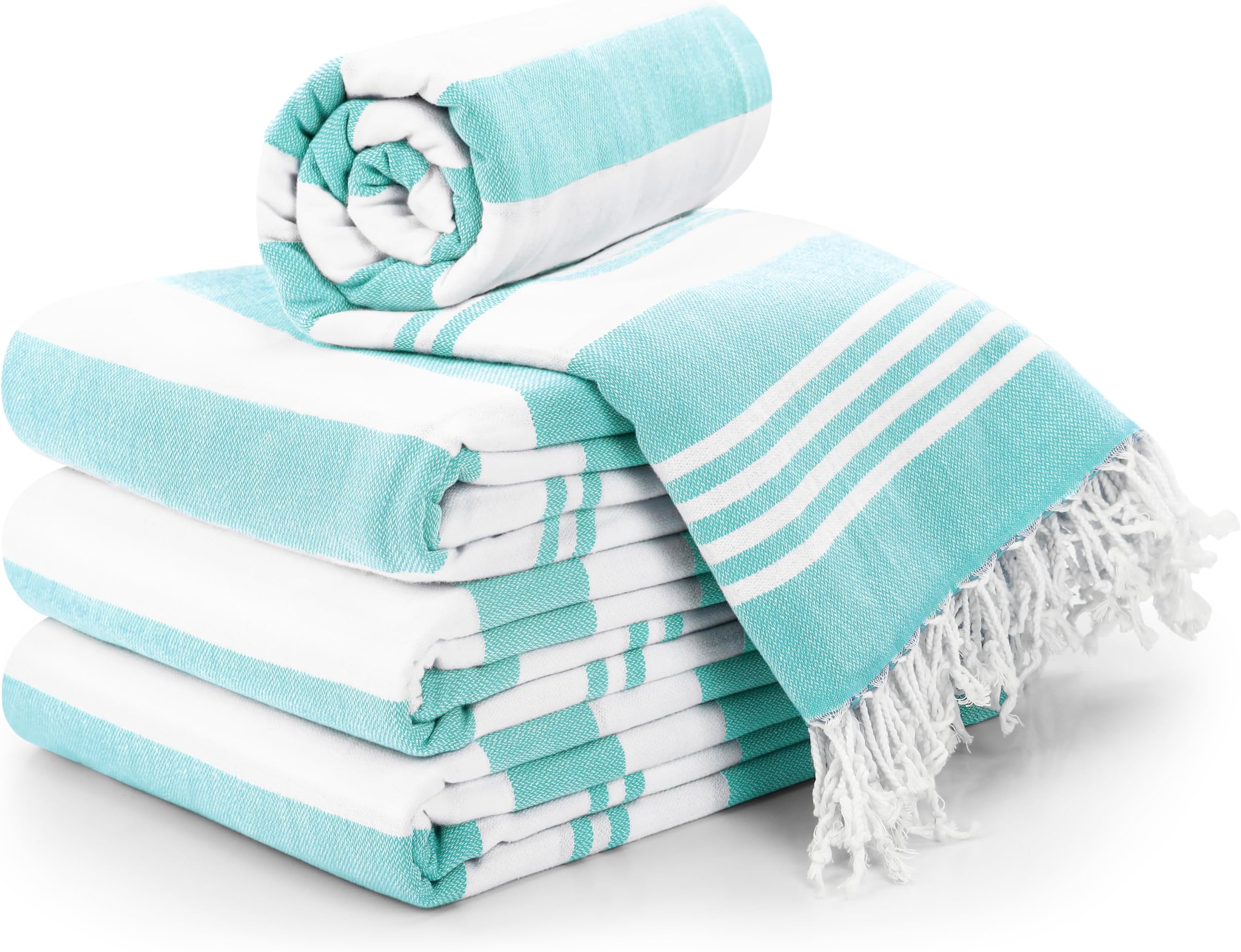 Utopia Towels 4 Pack Turkish Beach Towel, 40 by 72 Inches, 100% Cotton, Oversized Sand Free Lightweight Quick Dry, Prewashed for Soft Feel, Large Turkish Peshtemal Towel for Travel, Aqua