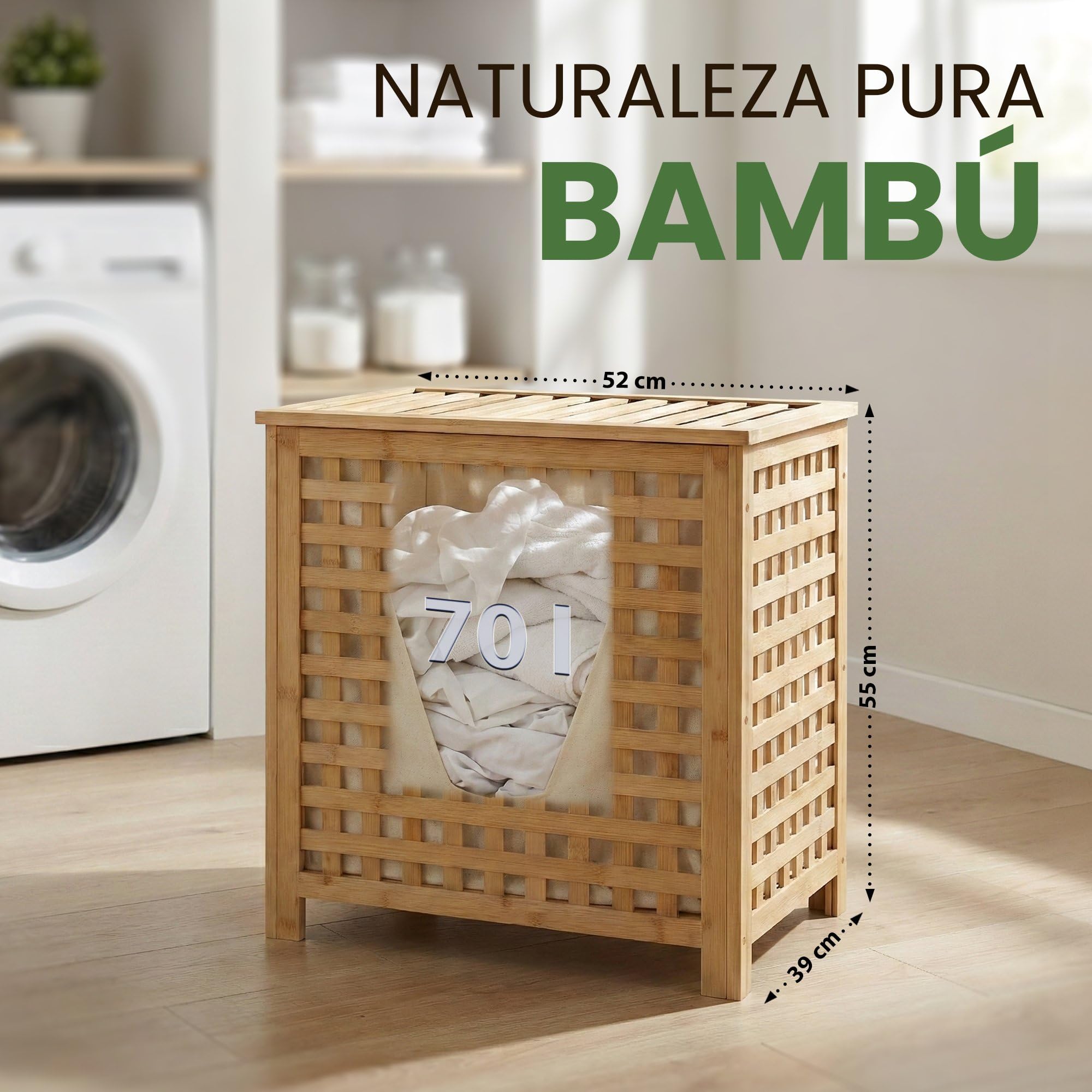 CLP Caja de ropa sucia Ronthy, recolector de ropa de madera, bolsa de lavandería extraíble y lavable de 70L, estructura de bambú para baño, Color:natura