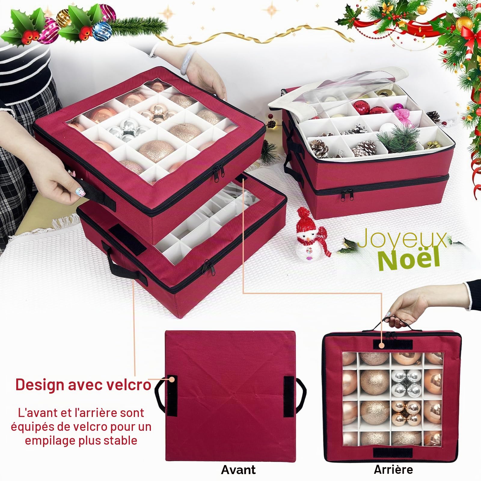 Boîte de rangement pour boules de Noël avec séparateurs - 4 pièces de rangement pliables pour décorations de Noël avec 2 poignées et couvercles pour les fêtes (Rouge)