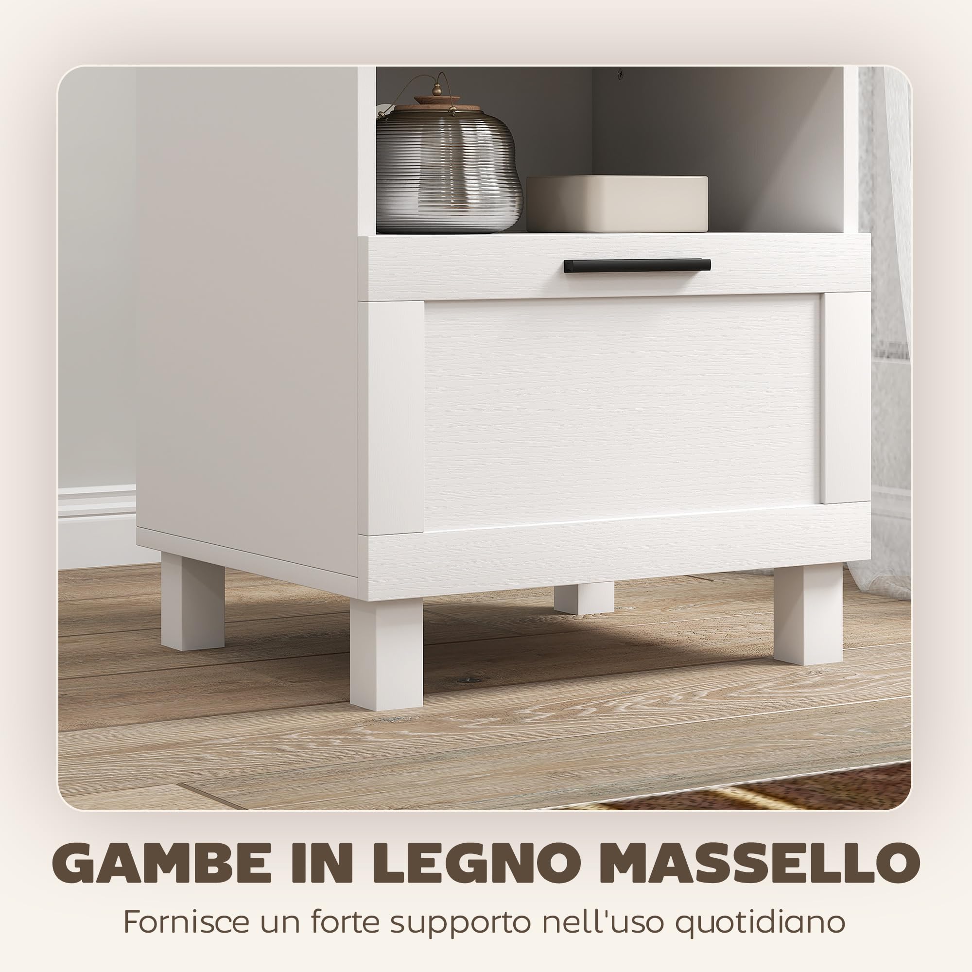 HOMCOM Comodino Camera da Letto con Cassetto e Ripiano Aperto Portaoggetti, Comodino Moderno Salvaspazio con Gambe in Legno di Pino, 45x38x50 cm, Bianco