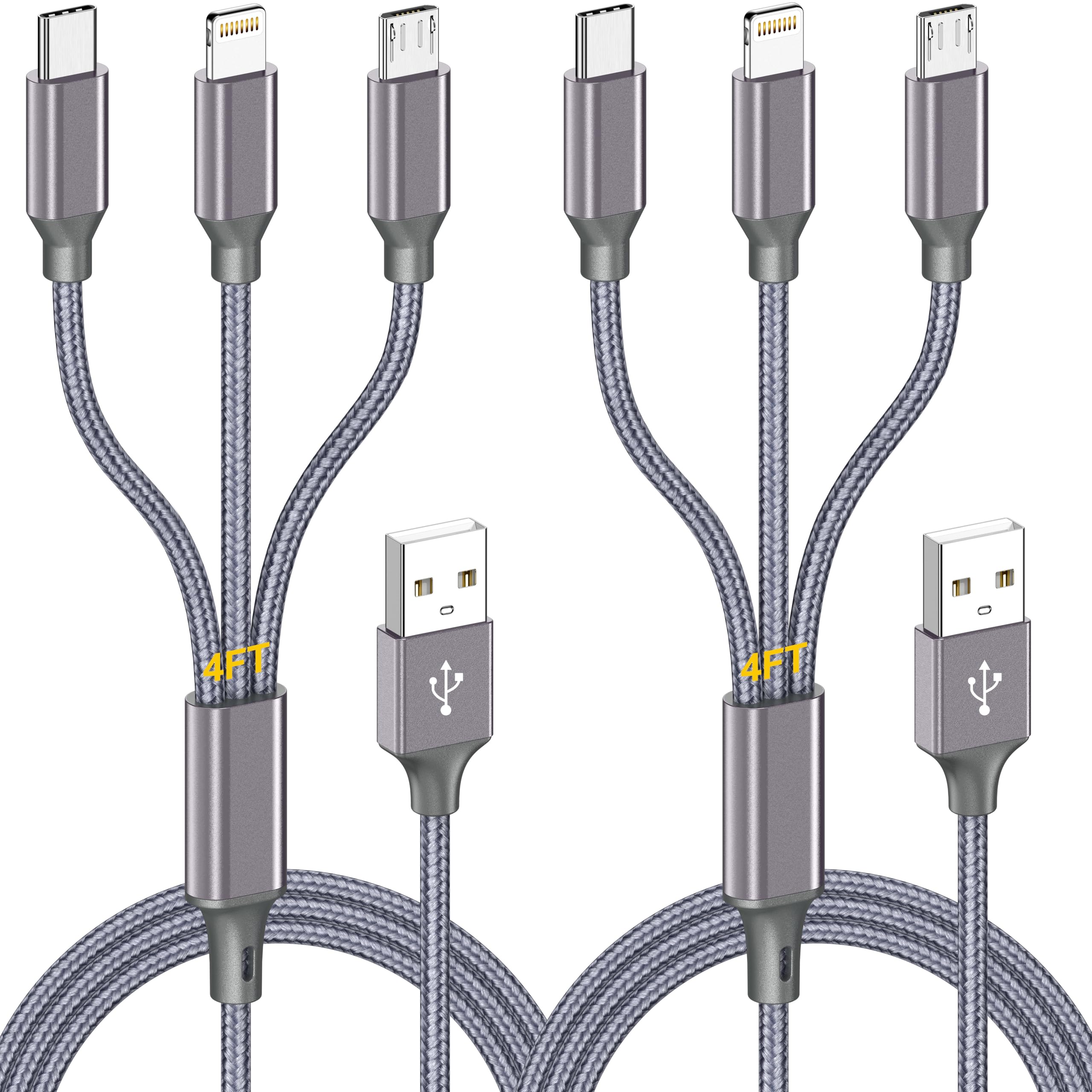 Cable de carga múltiple (4 pies, 2 unidades), cable de carga USB 3 en 1 para múltiples dispositivos, cable de carga universal trenzado para teléfono con tipo C/USB C, micro USB, puerto IP para iPhone