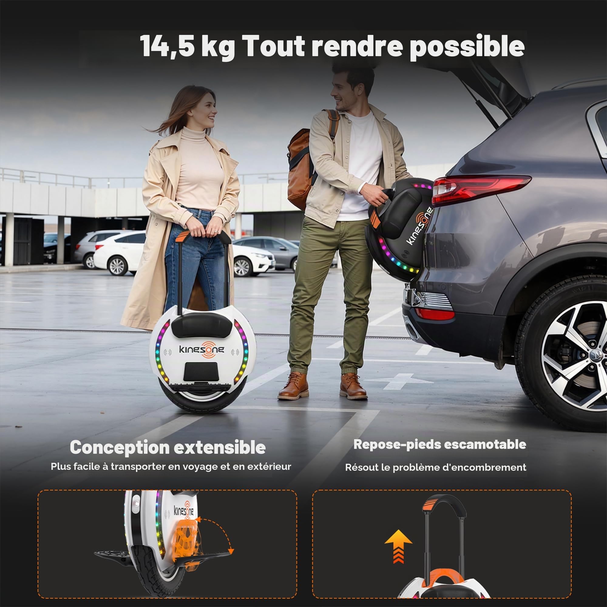 KINGSONG Gyroroue Electrique KS-14D 420 Wh, Adulte,Blanche, Moteur 800W, Autonomie jusqu'à 40km, bridée 25km/h, Pneu Gonflable 14", Haut-Parleur et Bluetooth